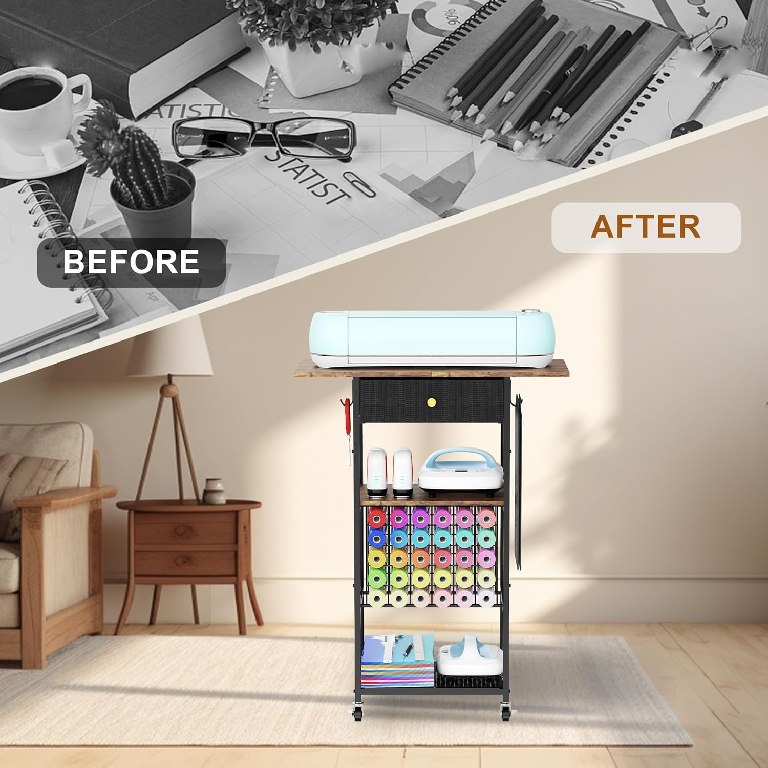 Rolling Craft Table with Storage with 30 Vinyl Roll Holder and Drawer, Craft Storage Cart Compatible with Cricut Machines, Craft Storage Cabinet Organizer Workstation for Craft Room Home (Black)