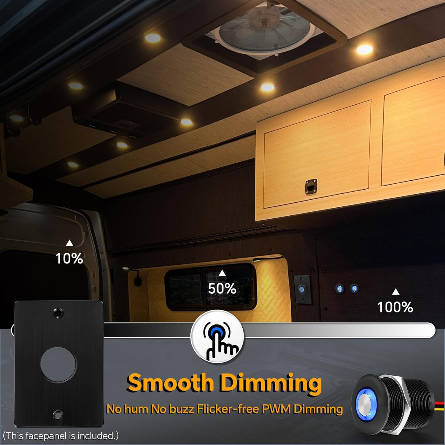 Obeaming 12V Dimmer Campervan Boat Light High-Side PWM Dimming Switch, 22Mm Mounting Hole with Blue Backlight for LED Strip Light 12V LED Halogen Incandescent, All-Aluminum Shell 6A (Black) image number 1