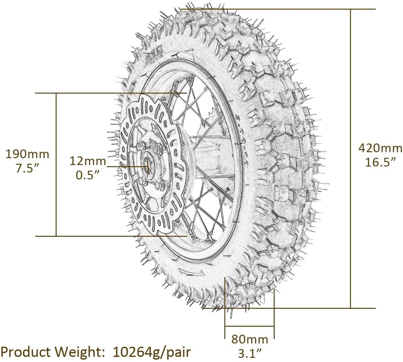 YC Yier 3.00-10 Dirt Bike Tire, 3.00-10 Tire 10" Rear Wheel Tire Assembly 1.6X10 Rim,12Mm Axle, 420 Chain Sprocket and Brake Assembly for CRF50 XR50 SSR Apollo Taotao 70Cc 90Cc 110Cc Pit Dirt Bike image number 5