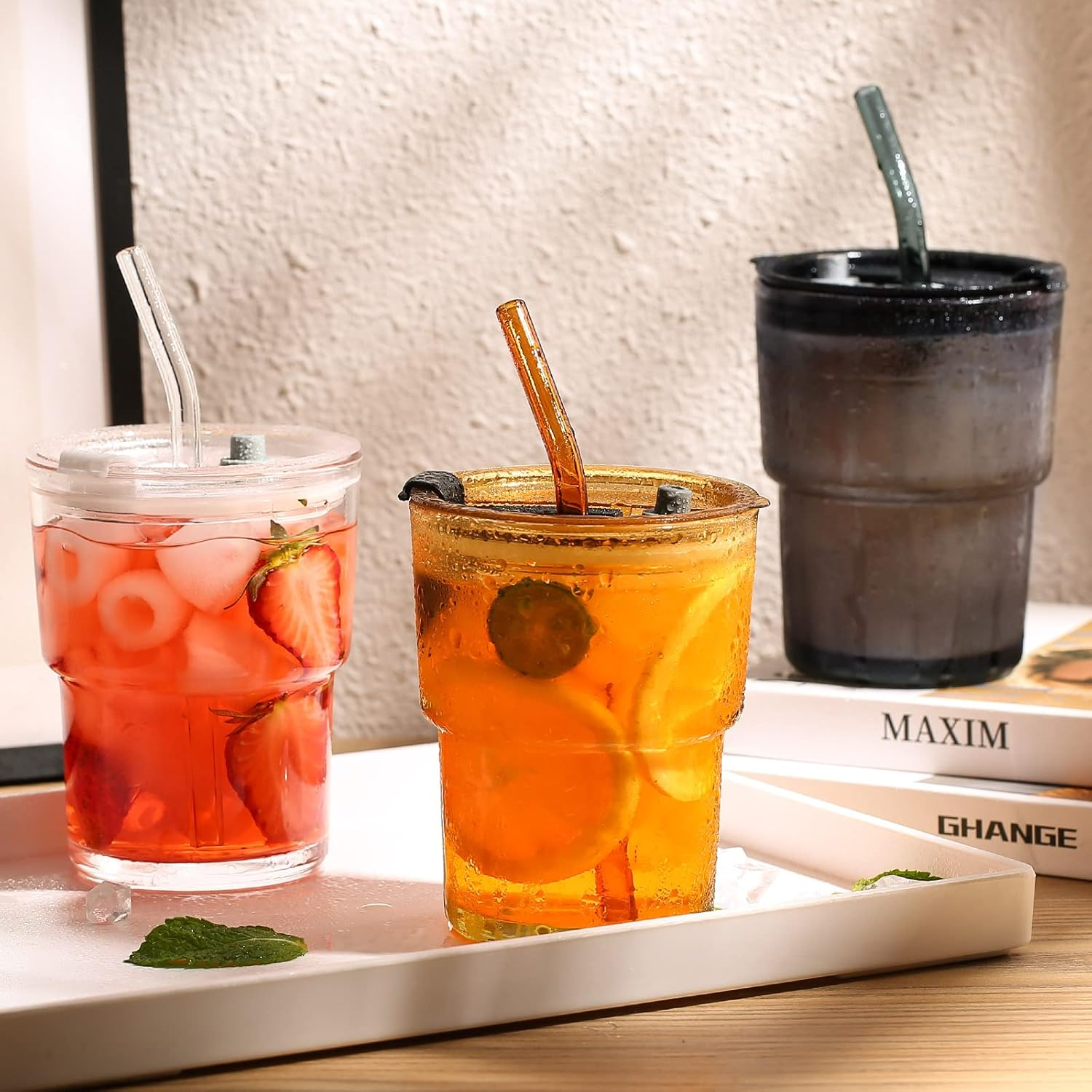 13 OZ/400ML Ice Coffee Glass Tumbler with Straw and Lid Sealed Carry On, Thick Wall Water Glass Cup Mug Tea （Gray） - Black image number 4