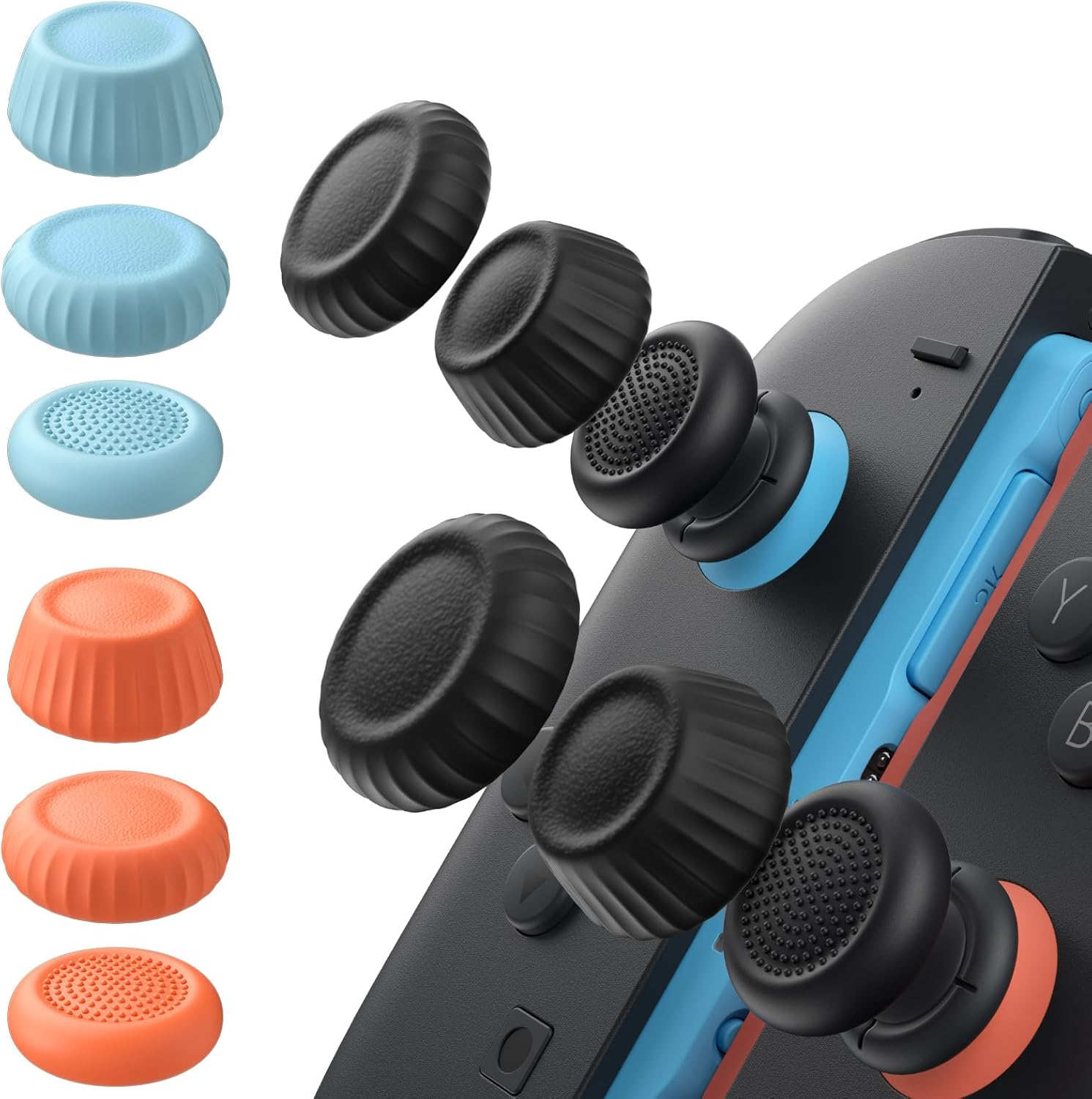 JSAUX Thumb Grips for Nintendo Switch 2 (2025), Switch Thumb Grip Caps, Ergonomic Design, Enhanced Grip, Comfortable & Durable, Joycon Grip Button Stick Cover - Black, Blue and Orange, 6Pairs(12Pcs) image number 2