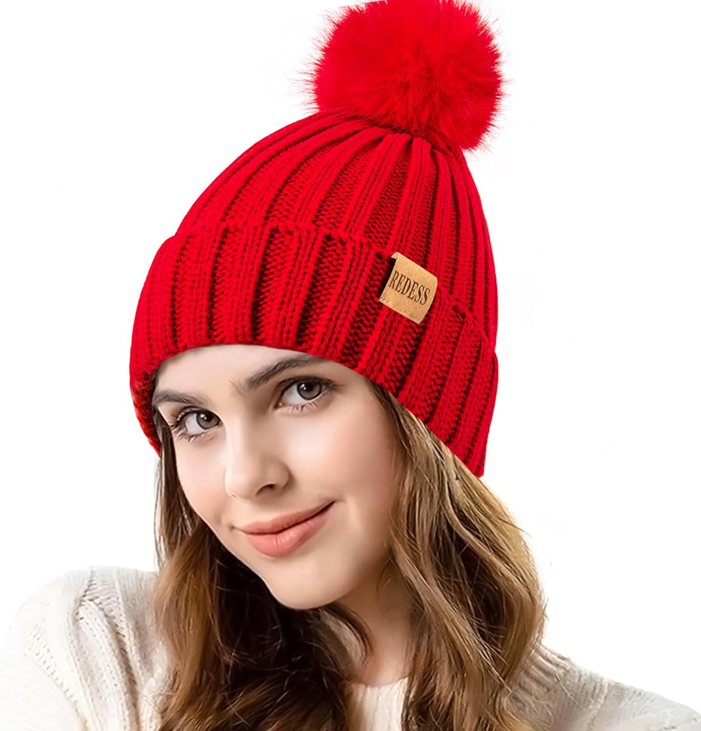 REDESS Womens Winter Knitted Beanie Hat Warm Fleece Lined with Pompom Cap Thick Slouchy Snow Knit Skull Ski Cap - Black image number 5