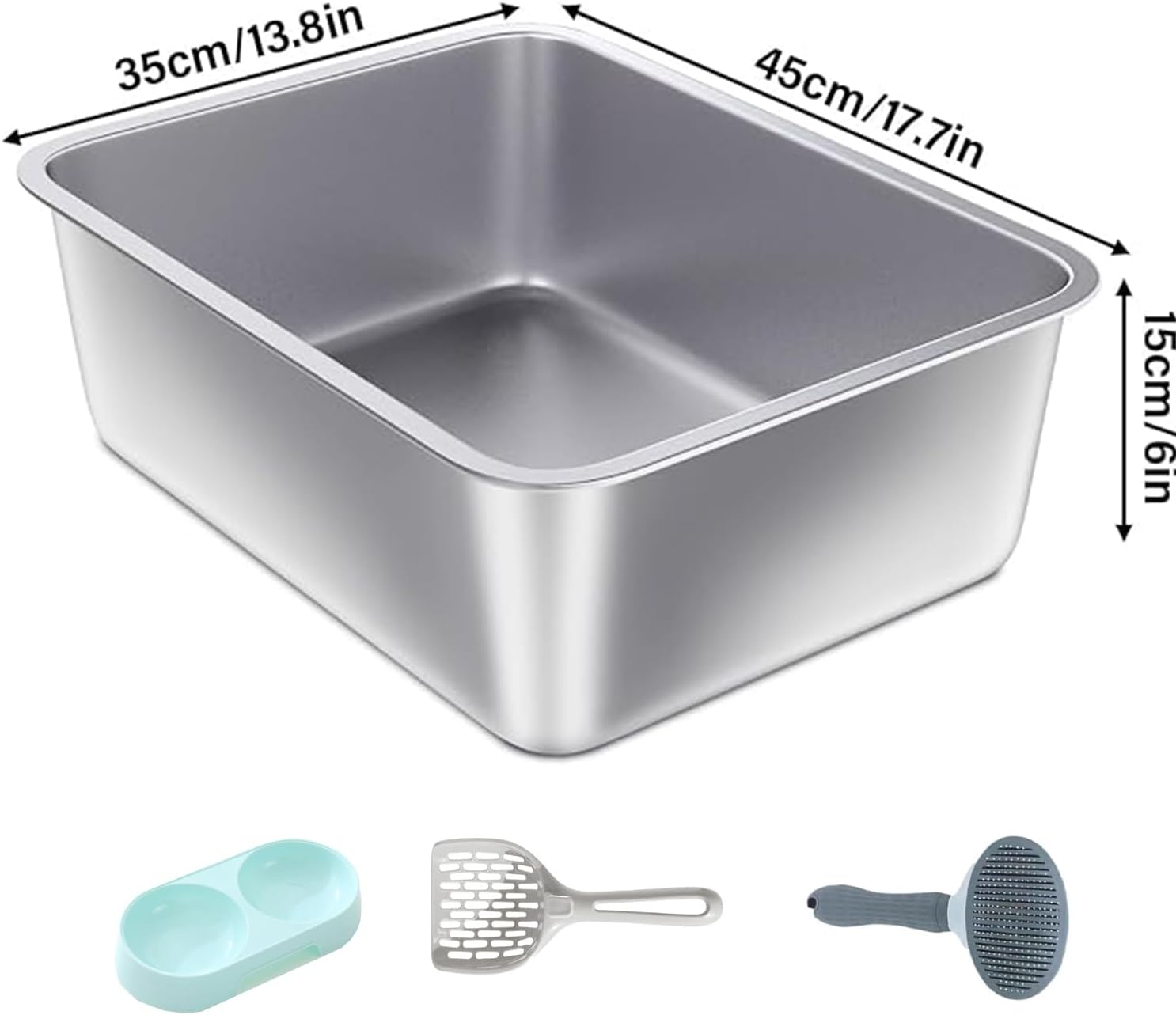 Stainless Steel Cat Litter Box High Side Cats Metal Litter Pan for Cats & Rabbits, Splash - Proof, Non - Stick, Odorless (45X35X15CM)