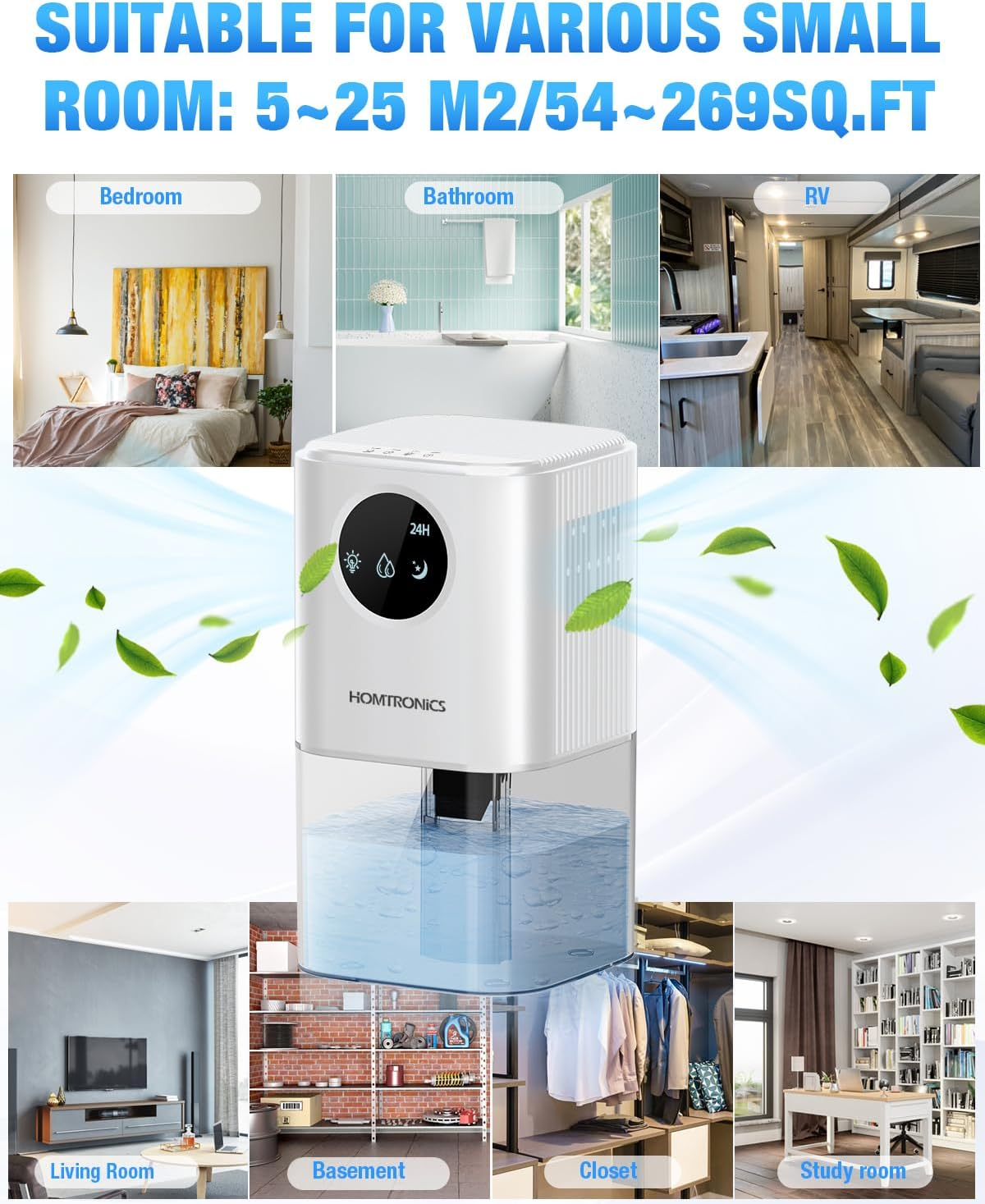 1700Ml Dehumidifier, [Timing Function] Homtronics Small Dehumidifier for Home up to 25㎡, Quiet Sleep Mode, Auto Shut-Off, 7 Colorful Light, Ideal for Bedroom, Closet, Basements，Rv, Moisture Absorber image number 4