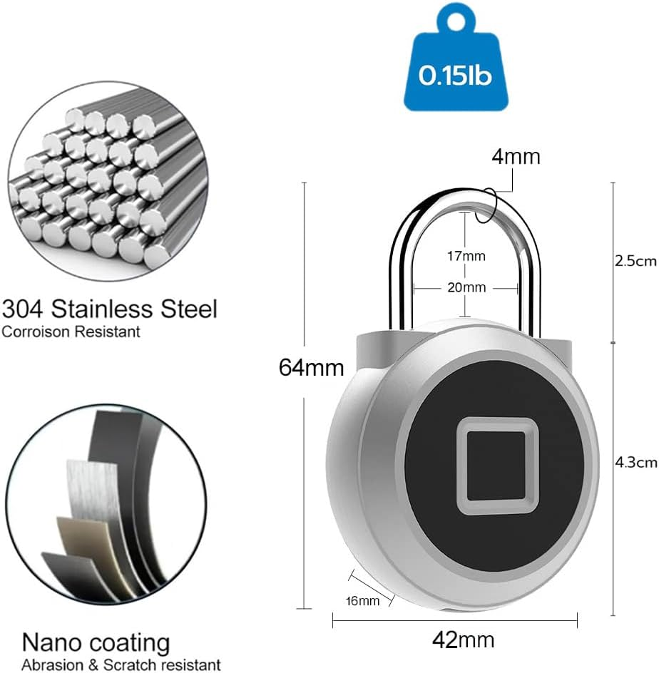 Elinksmart Gym Locker Padlock with Fingerprint Remote Authorized Unlock Record - Waterproof Security Keyless Smart Lock for School Gym Locker Backpack Gun Case Field Box Silver Support Ios Watch image number 2