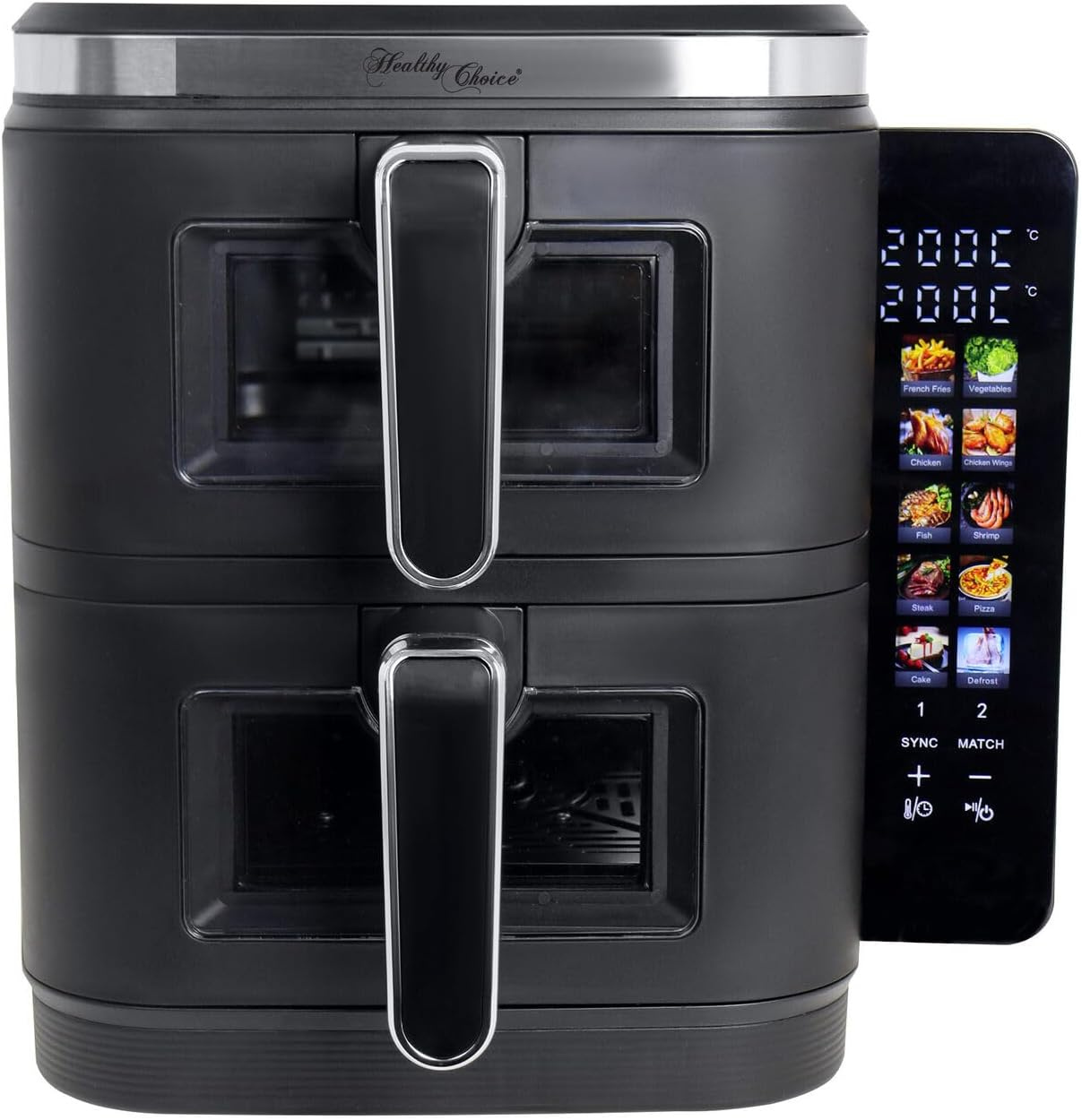 Healthy Choice 2400W 11L Double Decker Digital Dual Zone Air Fryer with 2 Cooking Zones, Foldable Screen, Space-Saving Design, 25Cm Wide for Efficient Cooking