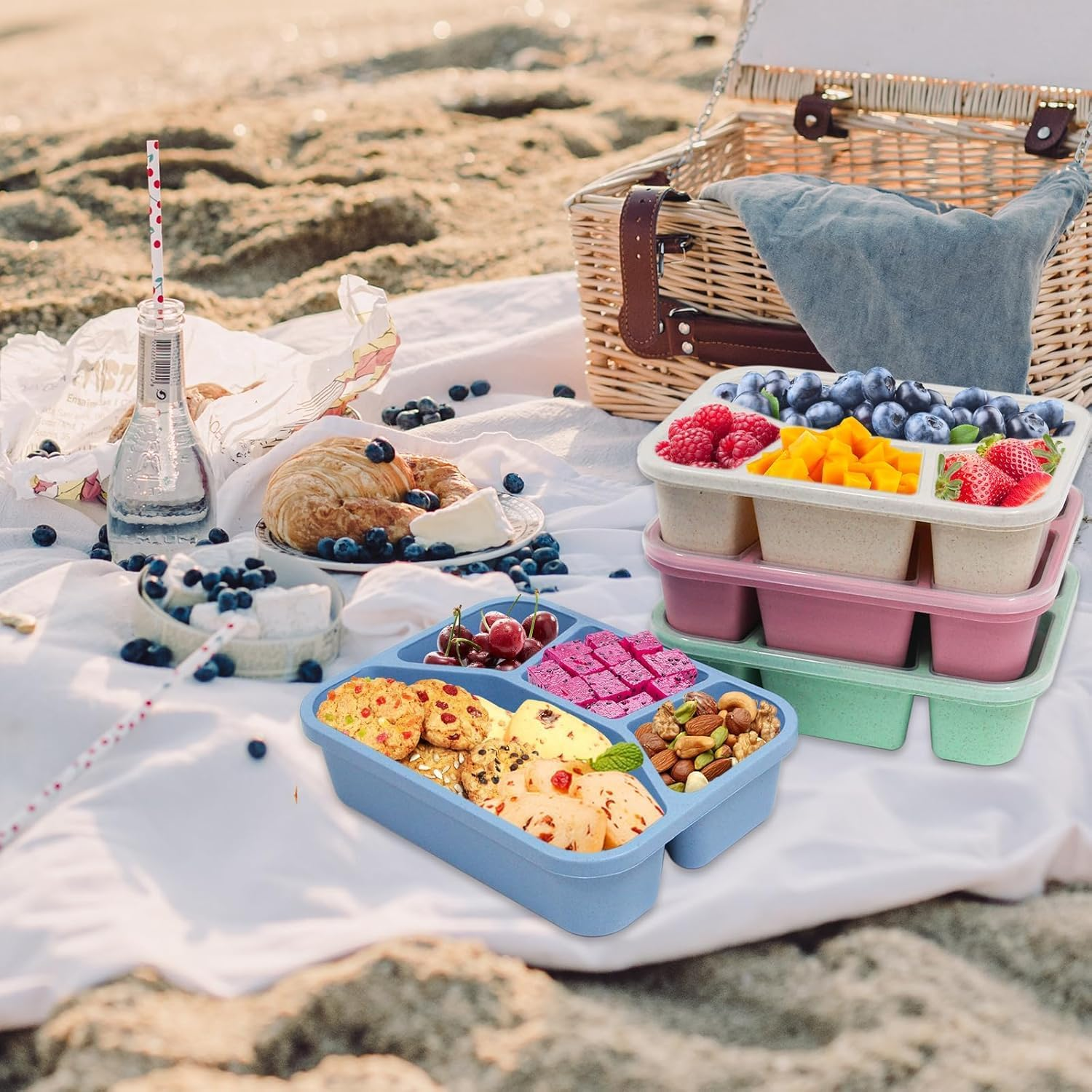 Bento Box Adult Lunch,Bento Lunch Box, 4 Pack, 4 Compartment Meal Prep Container for Kids, Reusable Food Storage Snack Containers Stackable School, Work, and Travel