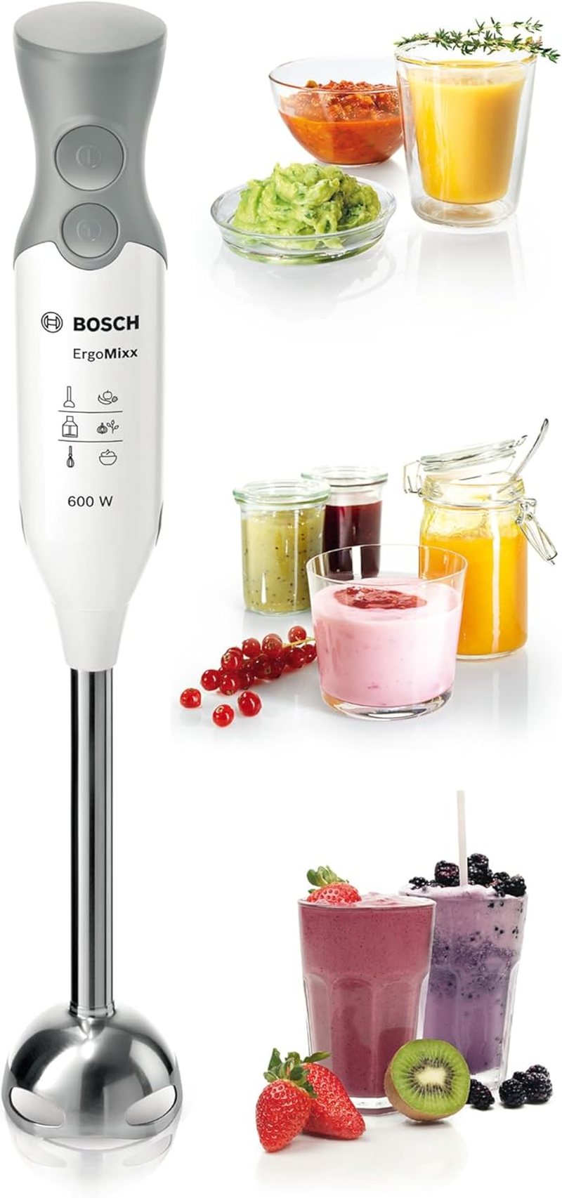 Bosch Ergomixx MSM66110 - Hand Mixer, 600 W, Turbo Function, Dome with Four Blades, with Mixing Vessel, White and Gray image number 3
