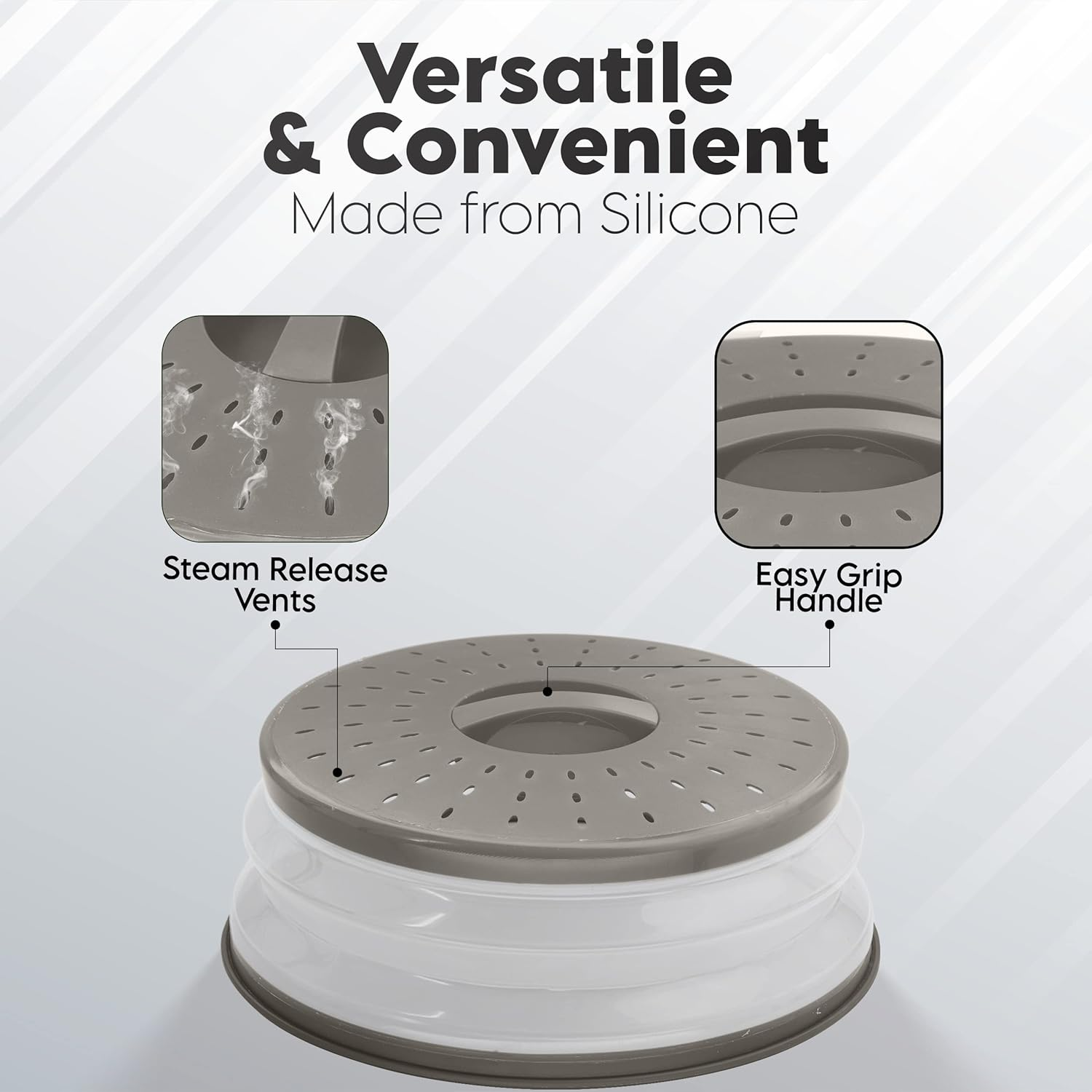 Microwave Cover for Food, Collapsible Microwave Splatter and Plate Covers Easy Grip Lid and Food Strainer, BPA Free and Dishwasher Safe, 10.5", Grey - by Rampro