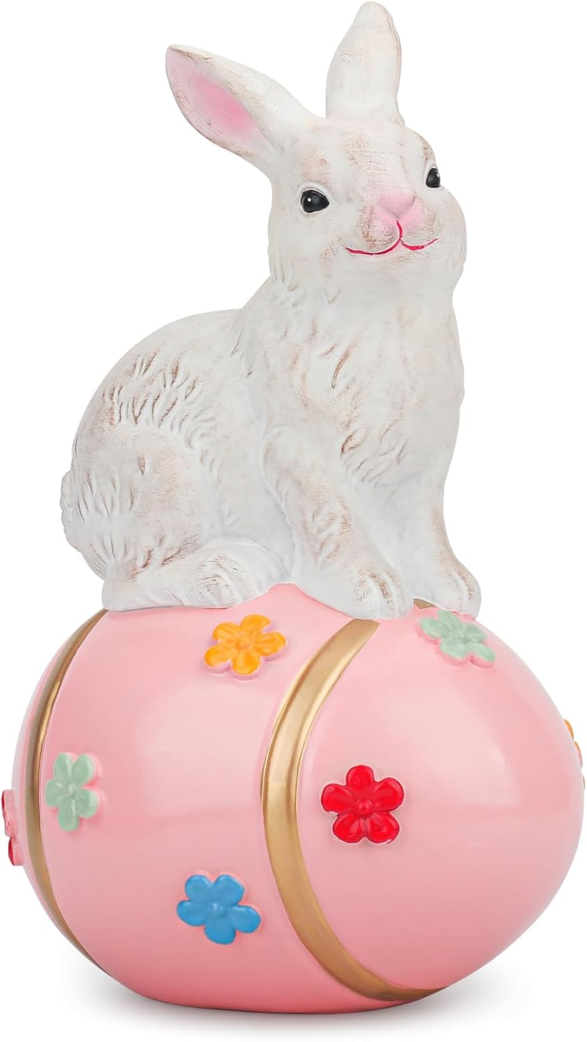 Large Rabbit Tabletop D&eacute;cor with Colorful Flowers Egg, Hand-Painted Bunny Figurine Statue for Spring Eater Party Indoor & Outdoor Decoration, Suitable Decor for Home, Office, Garden - Brown image number 7