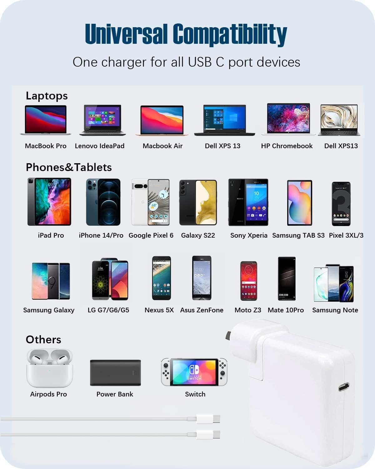 120W Macbook Pro Charger，Usb C Fast Charger Adapter Compatible with Macbook Pro & Macbook Air 13, 14, 15, 16 Inch, Ipad Pro, Samsung Galaxy and All USB C Device, Included 6.6Ft USB-C to C Cable image number 1