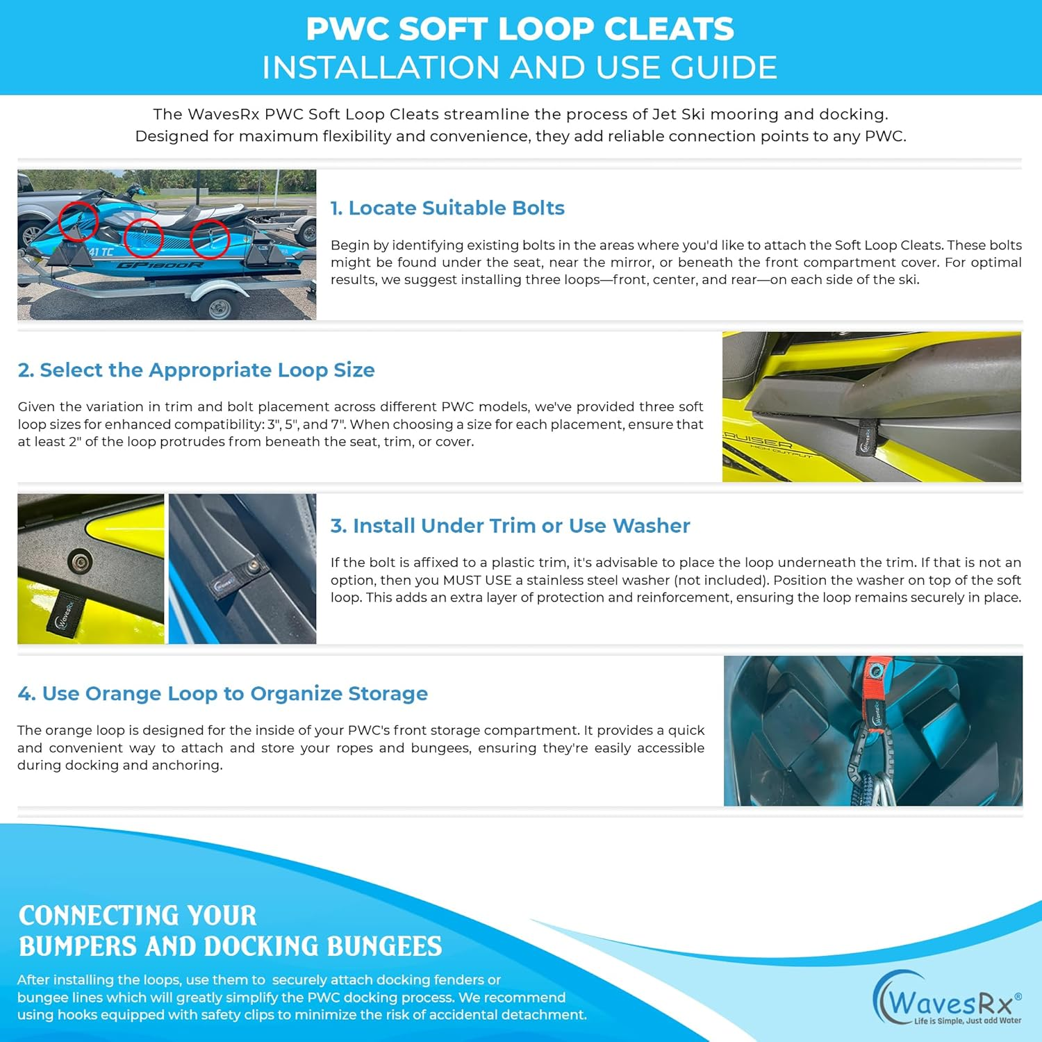 Wavesrx Soft Loops Jet Ski Cleats (7PK) | Quick & Secure Anchor Points for Docking Bumpers & Fenders, Anchoring Line & Bungee Dock Rope | a Must-Have Accessory for Your Waverunner, Seadoo & Other PWC image number 1