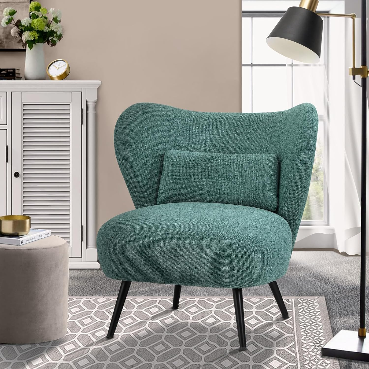 Oikiture Armchair with Lumbar Pillow and Wingback Velvet Lounge Sofa Accent Chair Charocal