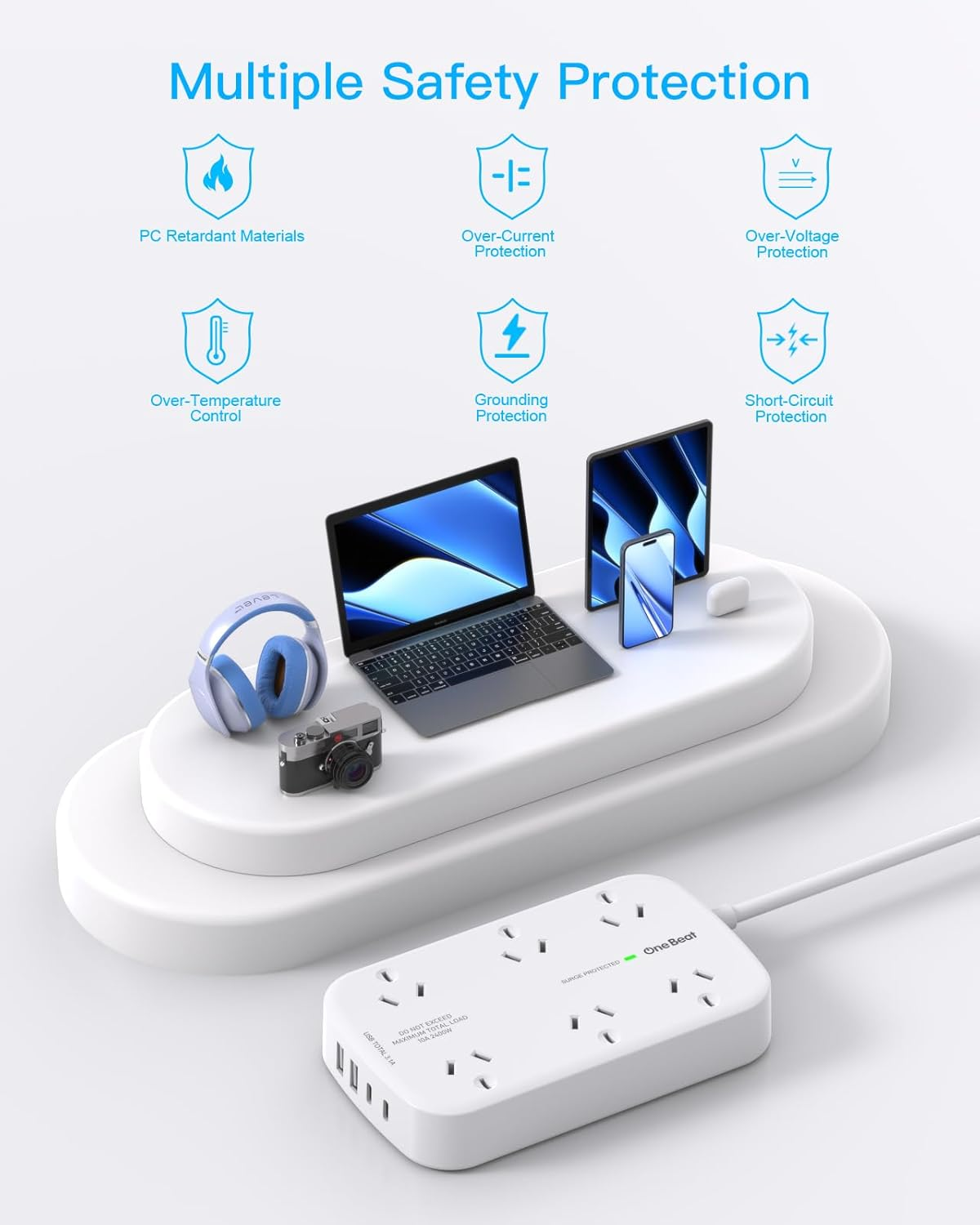 One Beat Surge Protected Power Board with 6 AC Outlets & 4 USB Ports (2&times;USB-C), 1.5M Extension Cord, AU Standard Travel Power Strip for Office, Dorm, Home Essentials image number 1