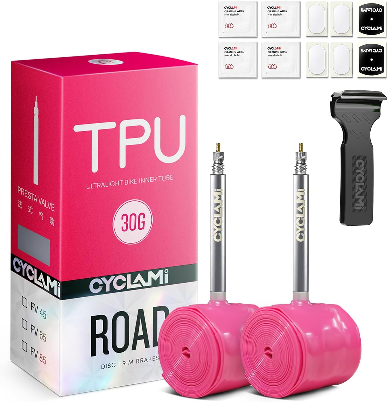 CYCLAMI TPU Inner Tube 700C Ultralight 30G Road Bike Tube Compatible with 700X18-32C Metal Presta Valve 45/65/85Mm (With a Multi-Functional Tire Pry Bar) image number 6