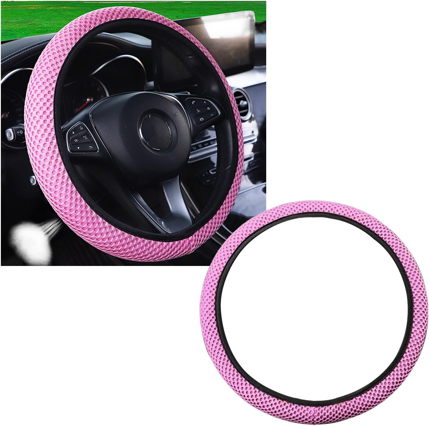 Kewucn Car Elastic Stretch Steering Wheel Cover, Soft Microfiber Breathable Ice Silk, Universal 15 Inch Anti-Slip Auto Steering Wheel Protector, Fit Car, SUV, Van, Sedan, Truck (Pink) image number 2