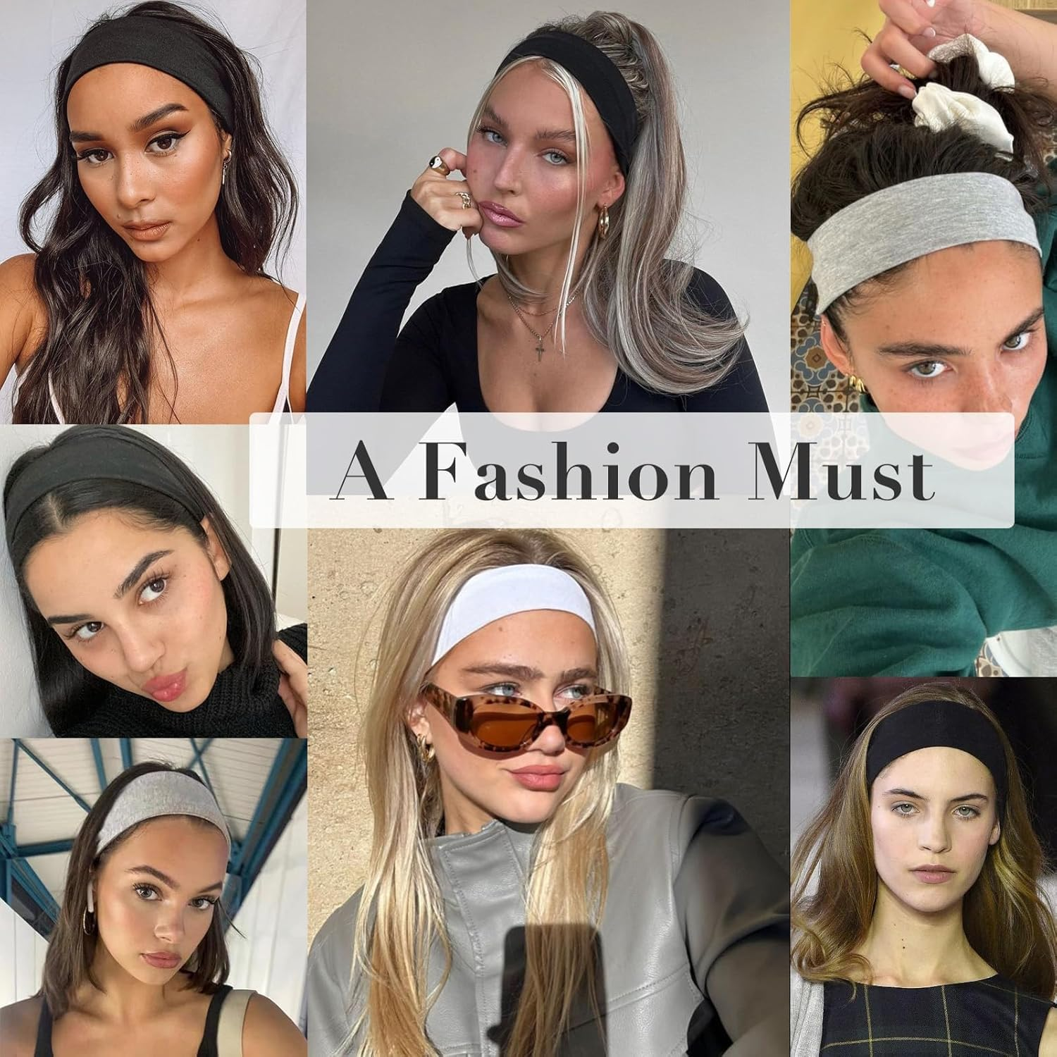 6Cm Wide Black Headbands for Women Men, 2Pack Fashion Head Bands for Women'S Hair, Soft Fabric Stretchy Hair Bands for Makeup, Yoga, Running (Black/White) image number 3