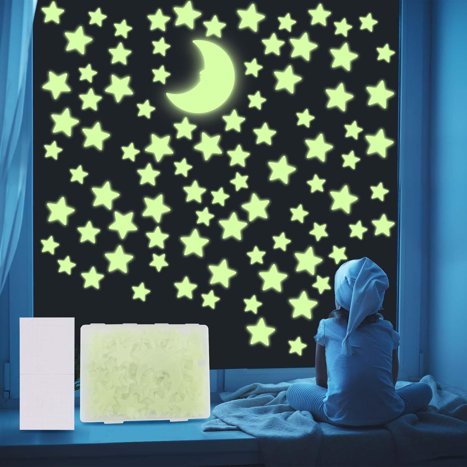 201 Glow in the Dark Stars for Ceiling with Moon, 3 Sizes of Glowing Stars Stickers Kit for Kids Bedroom, Christmas Stocking Stuffers, Wall Decals, Room D&eacute;cor image number 4