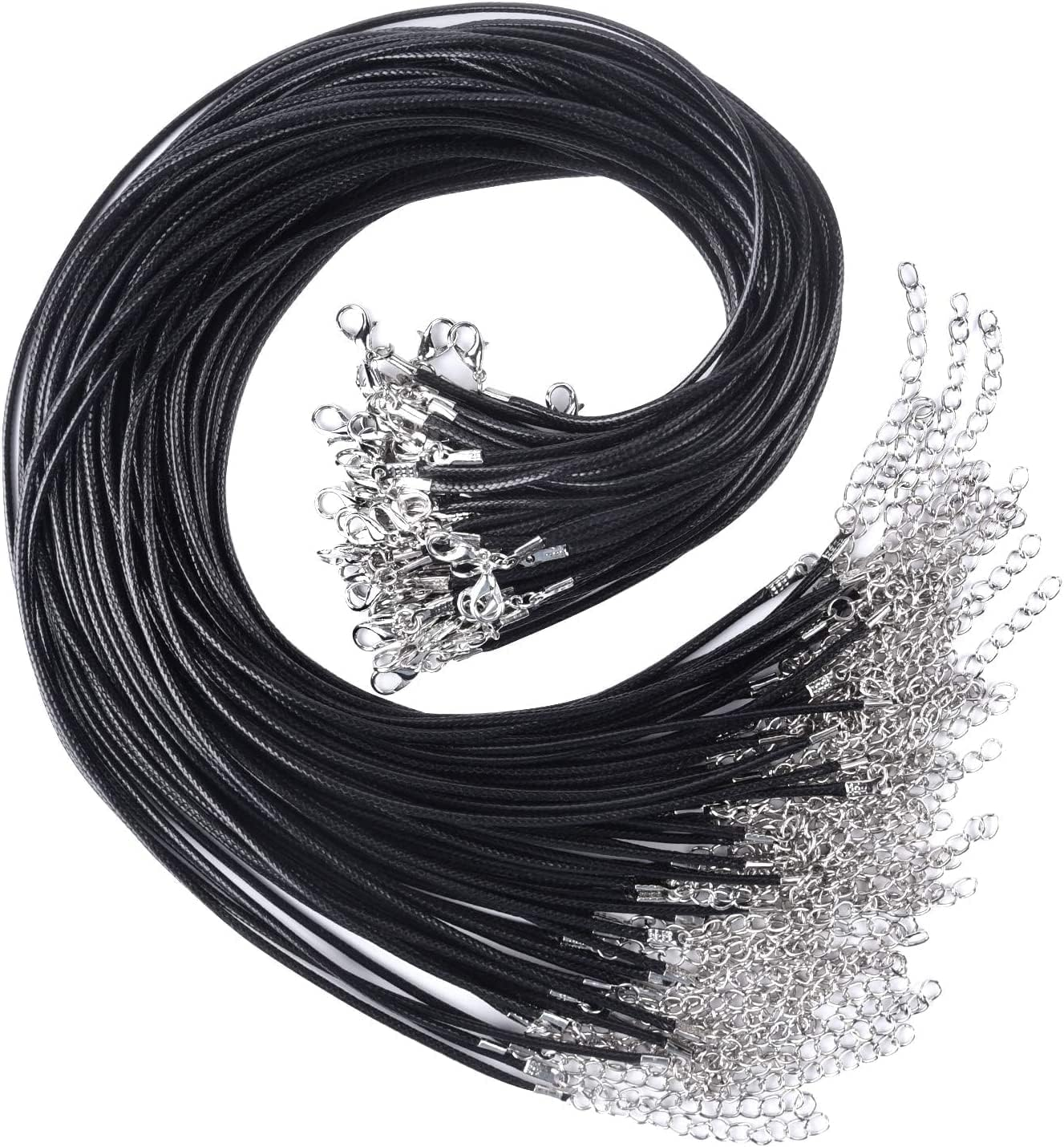KAPASKI 50 Pcs Waxed Necklace Cord Black Necklace String with 2Mm Clasp Bulk for Necklace Bracelet Jewelry Making Accessories