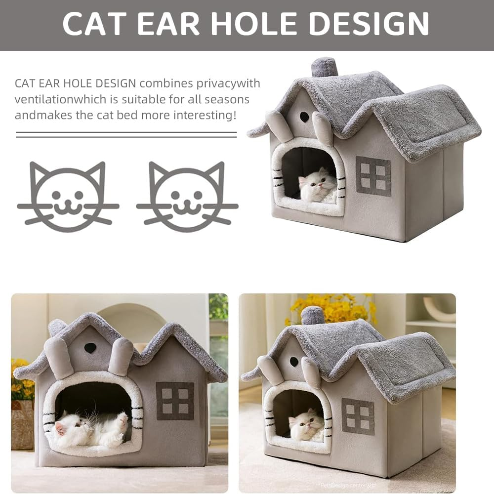 Indoor Cat Bed Cave with Removable Washable Cushion, Cozy Calming Soft Cat House, Durable No-Deformation Pet Bed for Cats (Grey, Medium) image number 4