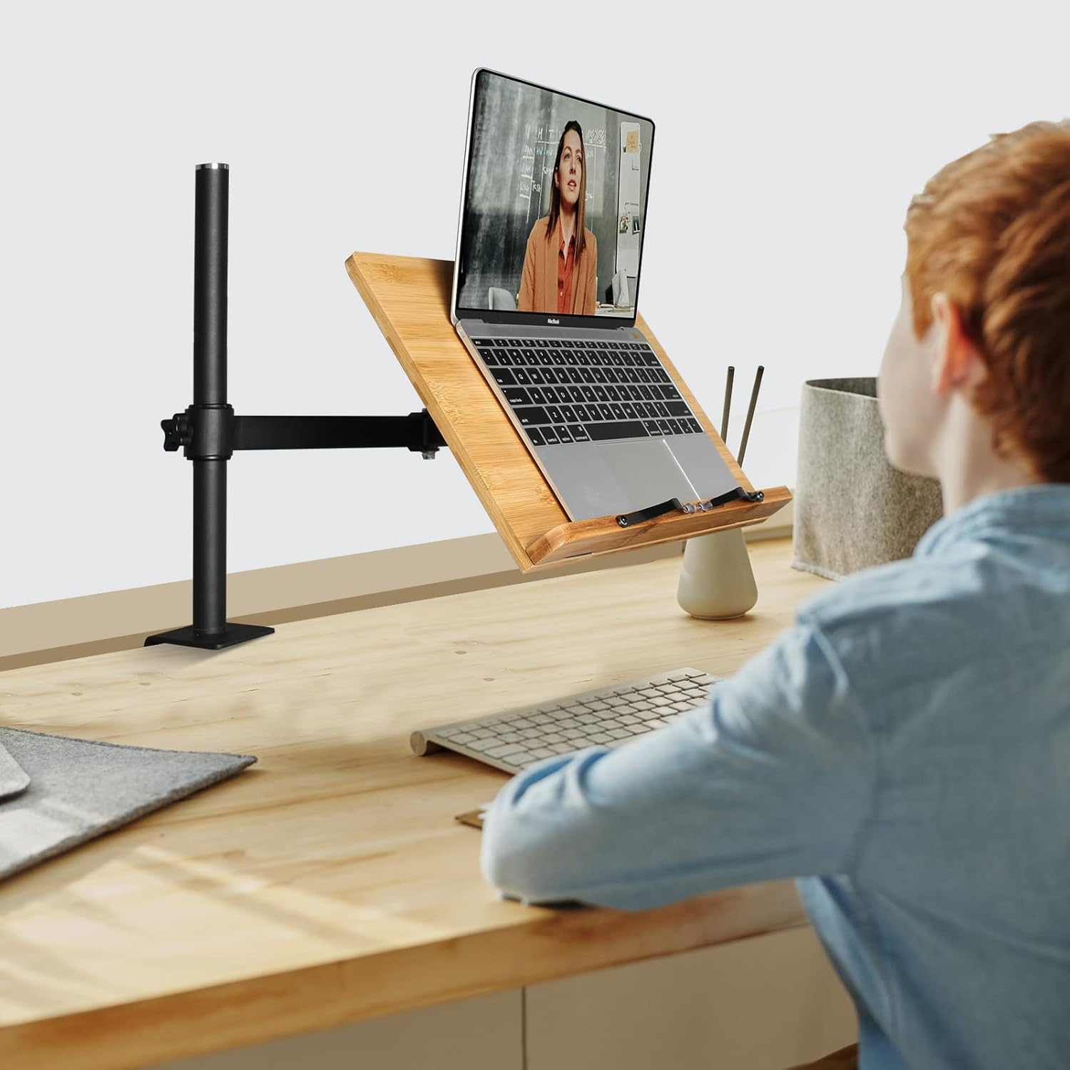 Wishacc Bamboo Book Stand Height Adjustable with Clamp, Table Side Cookbook Rest - Desktop Reading Mount Holder with Sturdy Page Clips 11 X 8.1 Inch image number 3