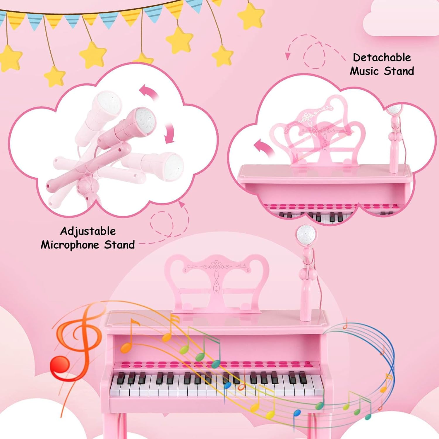 HONEY JOY 37-Key Piano Keyboard Toy, Electronic Musical Instrument W/ Adjustable Microphone, Detachable Music Stand & Matching Stool, Educational Gift for Toddlers Aged 3+ Years Old (Pink) - Style 2, Pink image number 6