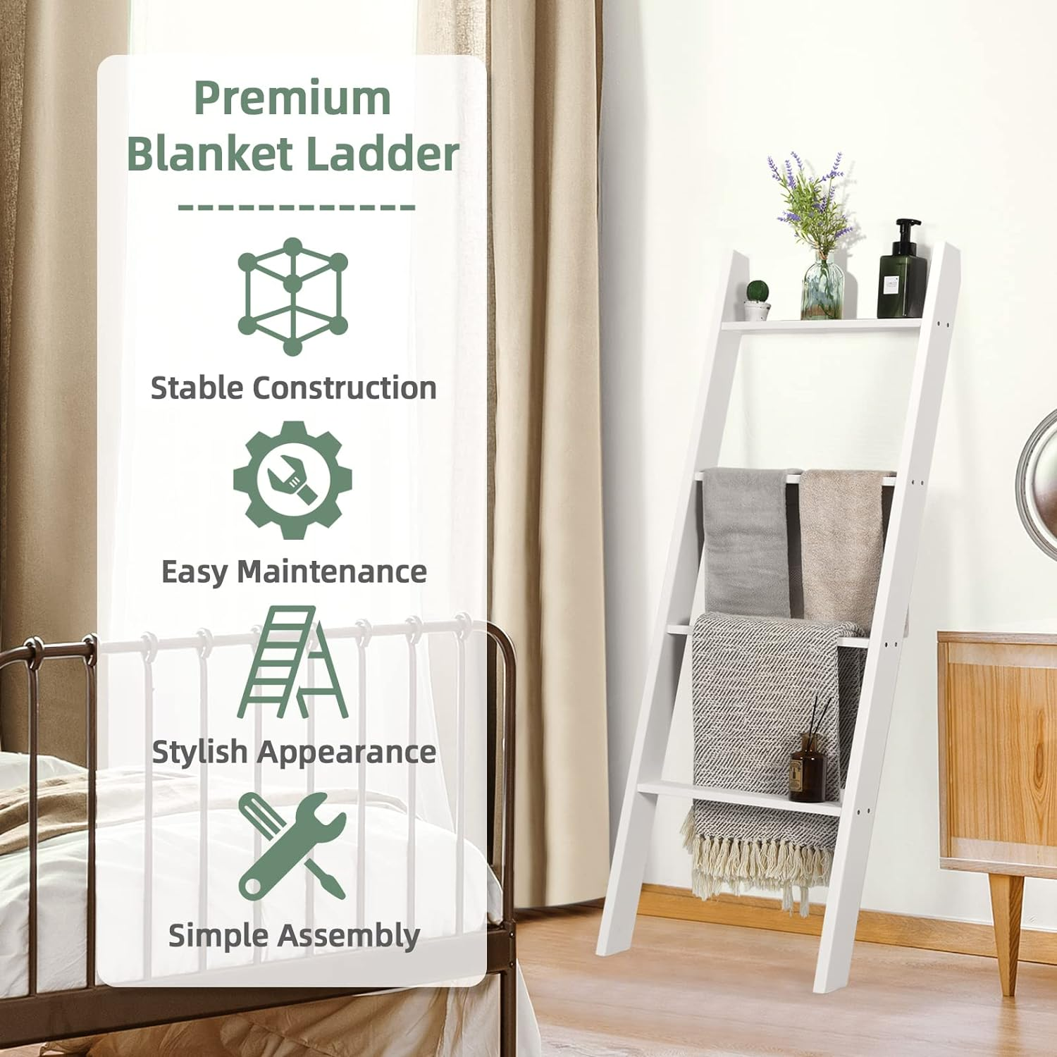 Giantex 4-Tier Wooden Blanket Ladder, Farmhouse Towel Storage Rack, Wall Leaning Ladder Shelf Stand, Decorative Blanket Shelf for Living Room, Bathroom & Bedroom, White