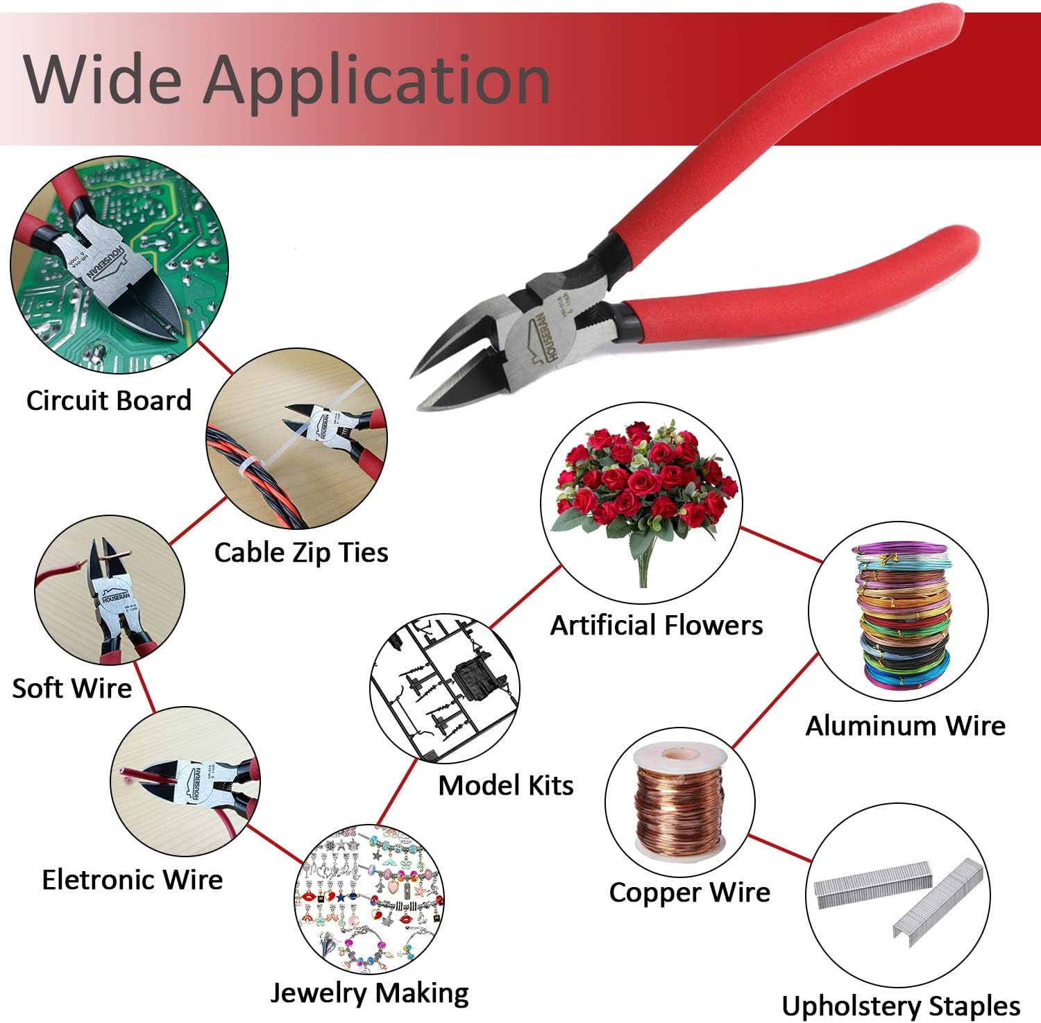 Wire Cutters, 6 Inch Side Cutters, Dikes Wire Cutters Diagonal Cutters with Non-Slip Red Handle, Flush Cutter Pliers, Wire Clippers, Spring Loaded Wire Cutters for Jewelry, Crafting, Zip Tie image number 6