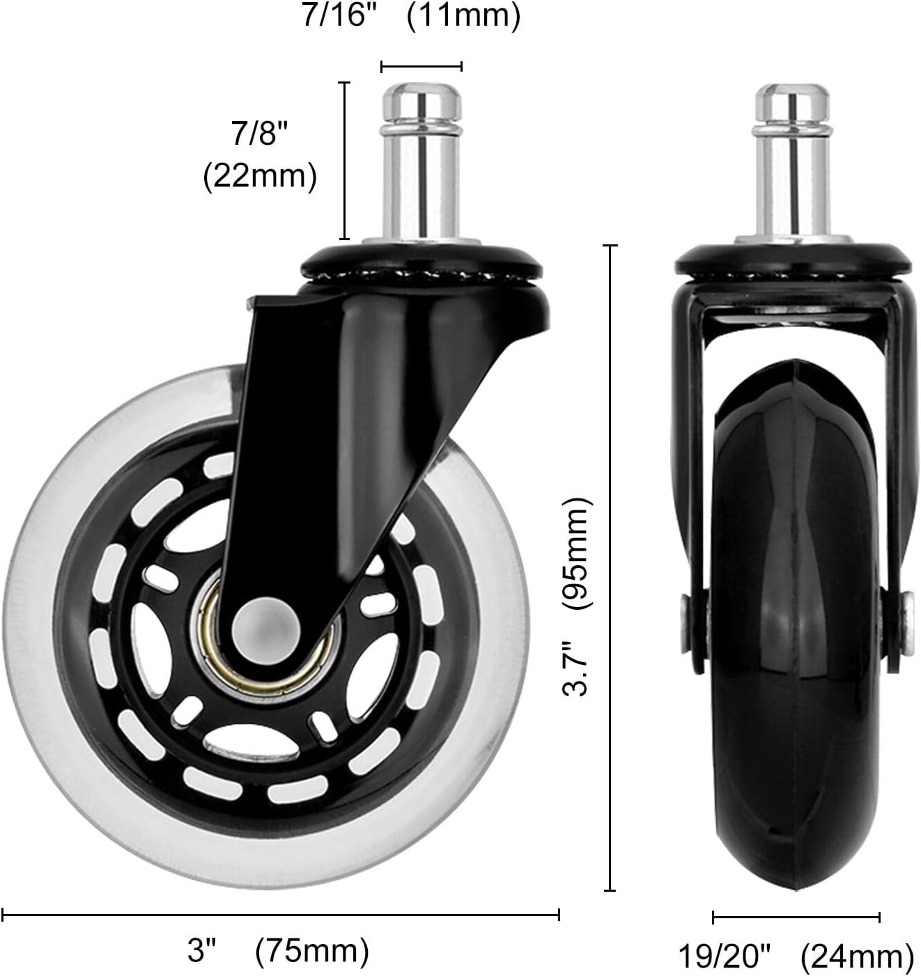 La Bella 3-Inch Rollerblade Office Chair Casters - 5-Pack PU Wheels with 11X22Mm Stem, Silent Floor-Safe Rollers for Hardwood, Carpet, Tile &ndash; Black image number 6