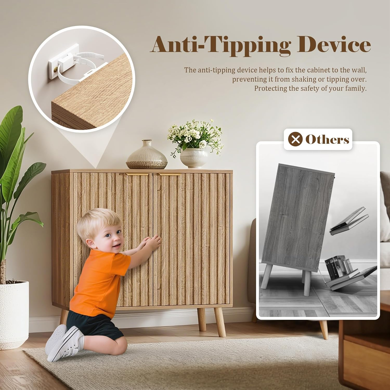 Patiopia Fluted Storage Cabinet, Buffet Cabinet with Storage, Sideboard Buffet, Multifunctional Credenza, Wood Sideboard with Adjustable Shelves, Natural image number 5