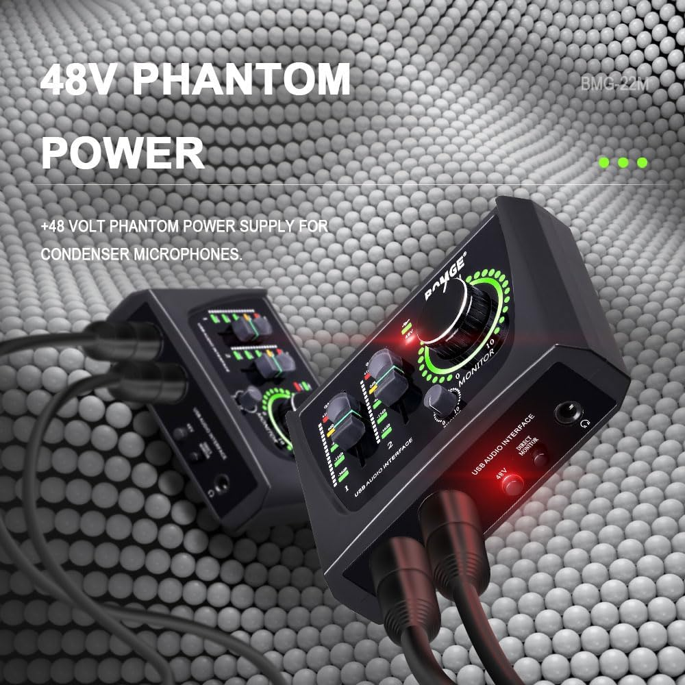 BOMGE Mini 2 Channel USB Audio Interface for Recording, Streaming and Podcasting, with XLR/48V Phantom Power,Studio Quality Audio Interface for Guitarist, Vocalist, Podcaster or Producer image number 4