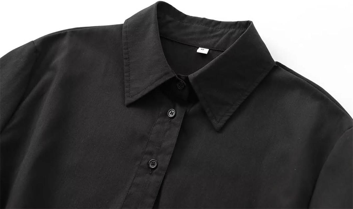 Womens Solid Color Fitted Belt Shirt Loose Casual Long Sleeve Top Button down Office Work Blouse