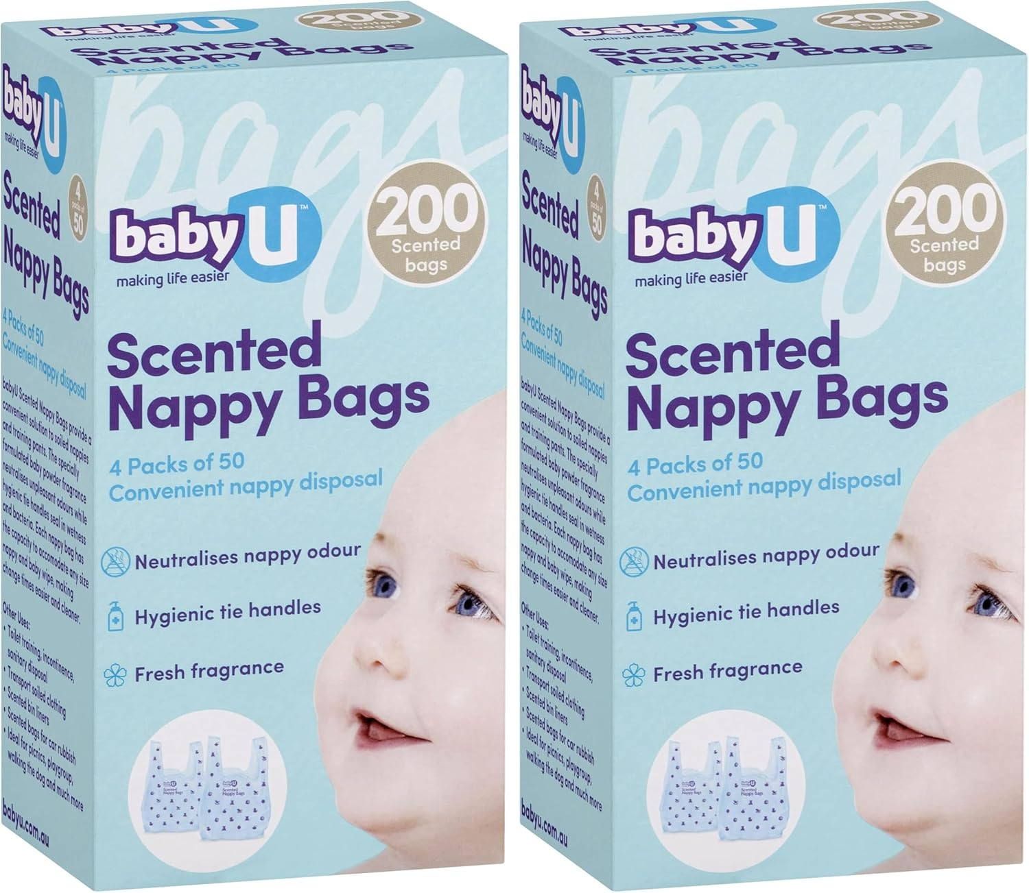 Babyu Scented Nappy Bags Convenient Nappy Disposal Neutralises Nappy Odour Hygienic Tie Handles 200Pk image number 6