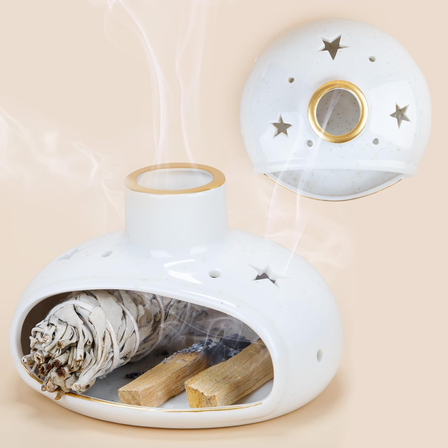 Zenbless 3 in 1 Incense Holder for Palo Santo Sticks Sage Bundles Cone Incense, Handcrafted Ceramic Incense Burner Holder Ash Catcher with Chimney, Smudge Bowl for Yoga Meditation Room Home Decor