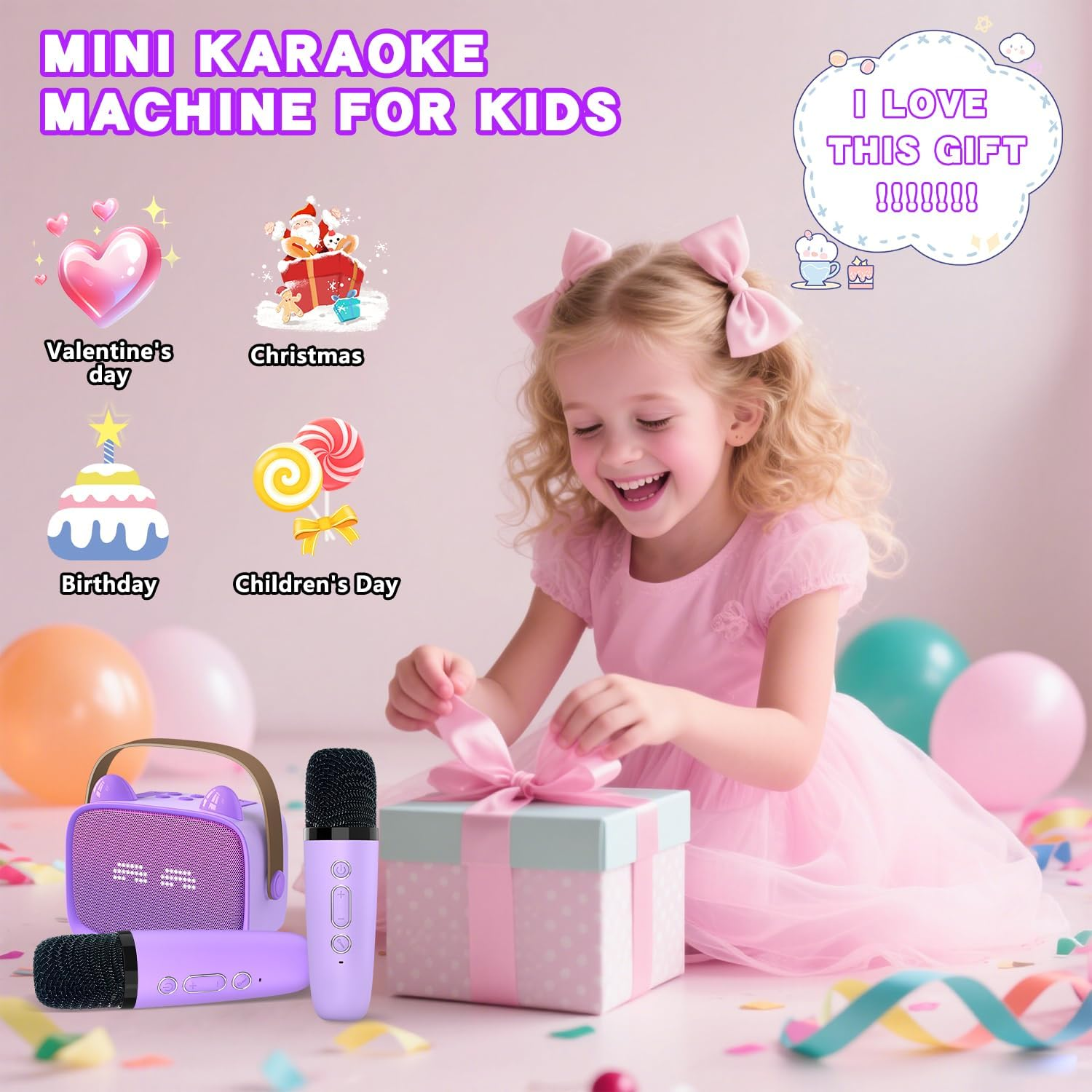 Mgaolo Upgraded Mini Karaoke Machine Toy for Kids, Portable Bluetooth Speaker with 2 Wireless Mics, Emoji & Colorful LED Lights, Home Travel & Party Play Gifts for Boys Girls (Purple) - Blue image number 2