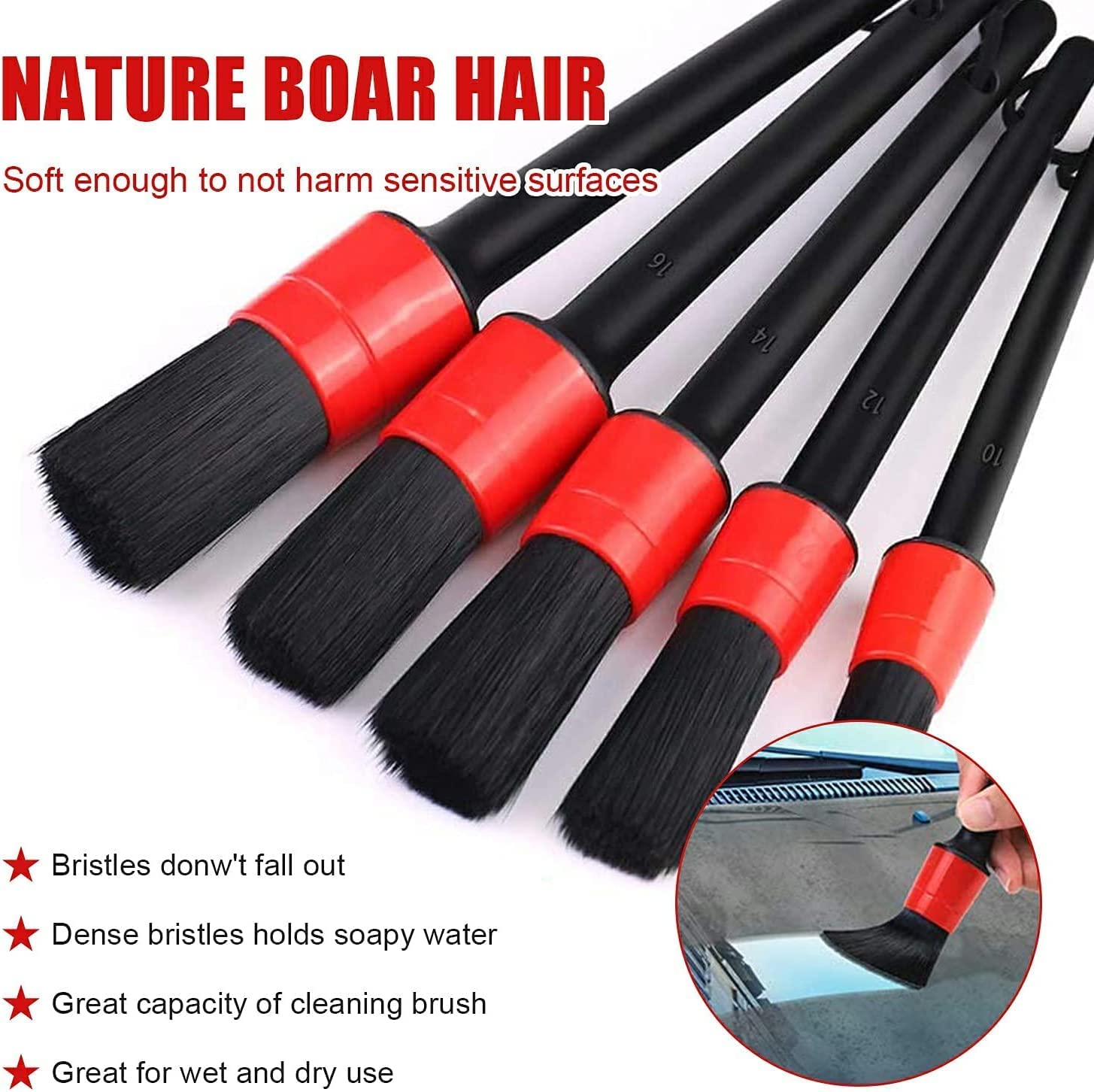 Car Detailing Brush Auto Detailing Brush, 5Packs Premium Car Detail Brush,Car Interior Cleaning Kit, Automotive Wheels Cleaner Emblems Brushes for Air Vents Interior Exterior Leather, Red image number 4