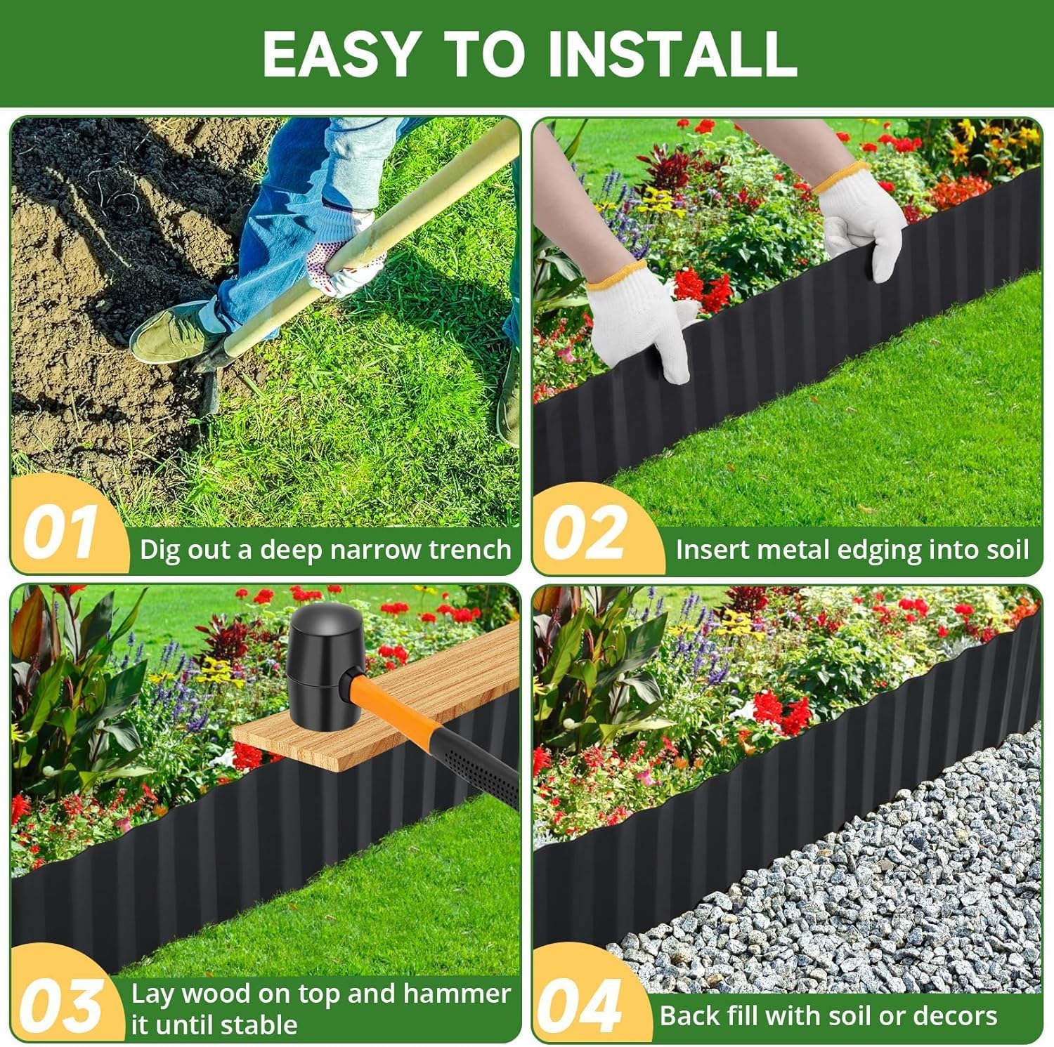 AUTENS 20Ft Corrugated Metal Garden Edging, Metal Landscape Edging for Lawn, Flower Bed, Garden Fence, Paver Edging, Flower Bed Border Flexible Curred or Cut as Needed (Black, 20Ft*8Inch) image number 2