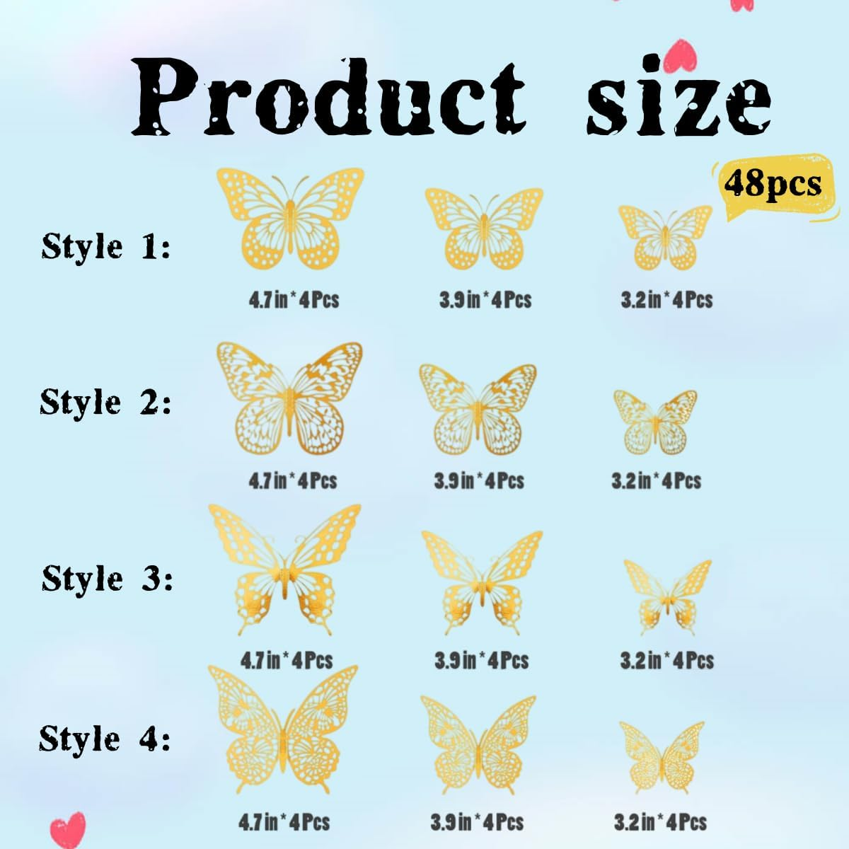 3D Butterfly Wall Decoration, Golden Butterfly Birthday Decoration, Detachable Stickers, Butterfly Party Decoration, Cake Decoration, 48 Pieces image number 2