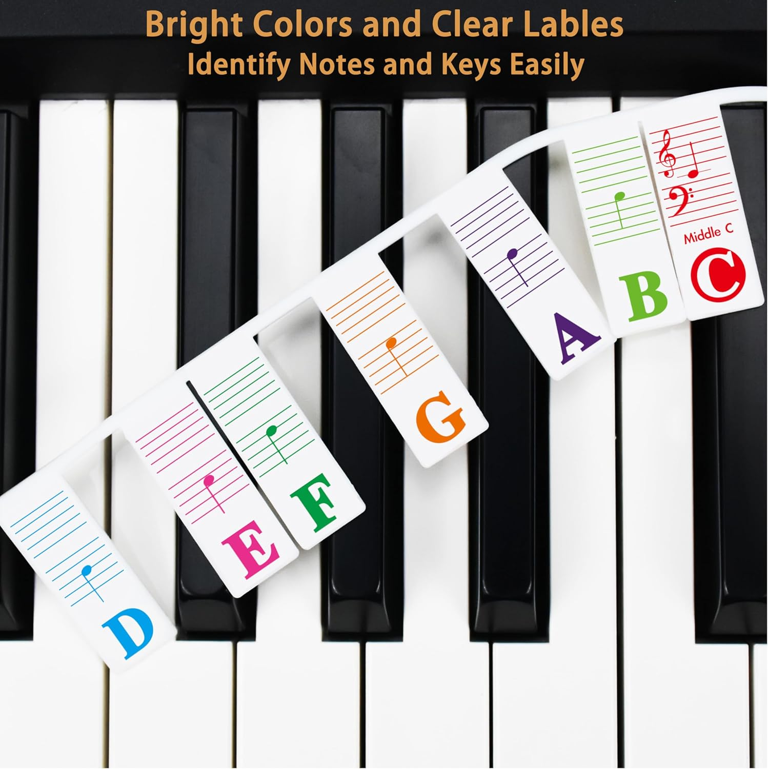 Piano Key Labels, Azymi Removable Keyboard Note Guide for Beginner for 88/76/61/54/49/37 Keys Reusable Silicone Strips Multi-Color Larger Bold Letter for Kids image number 5