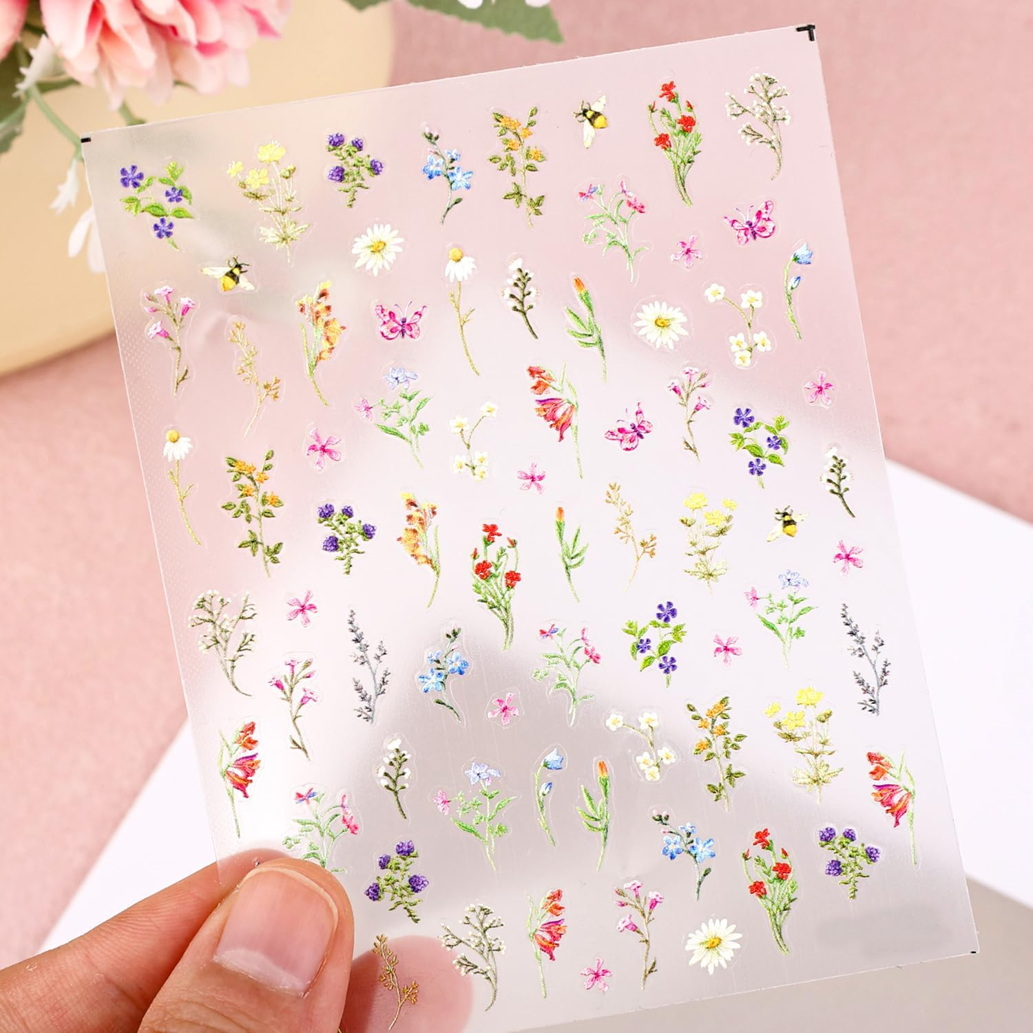 BOXOB 2 Sheets 5D Embossed Flower Nail Stickers, Floral Plant Manicure Stickers Self-Adhesive Spring Summer Accessories for Nail Design Decoration for Women Girls image number 3