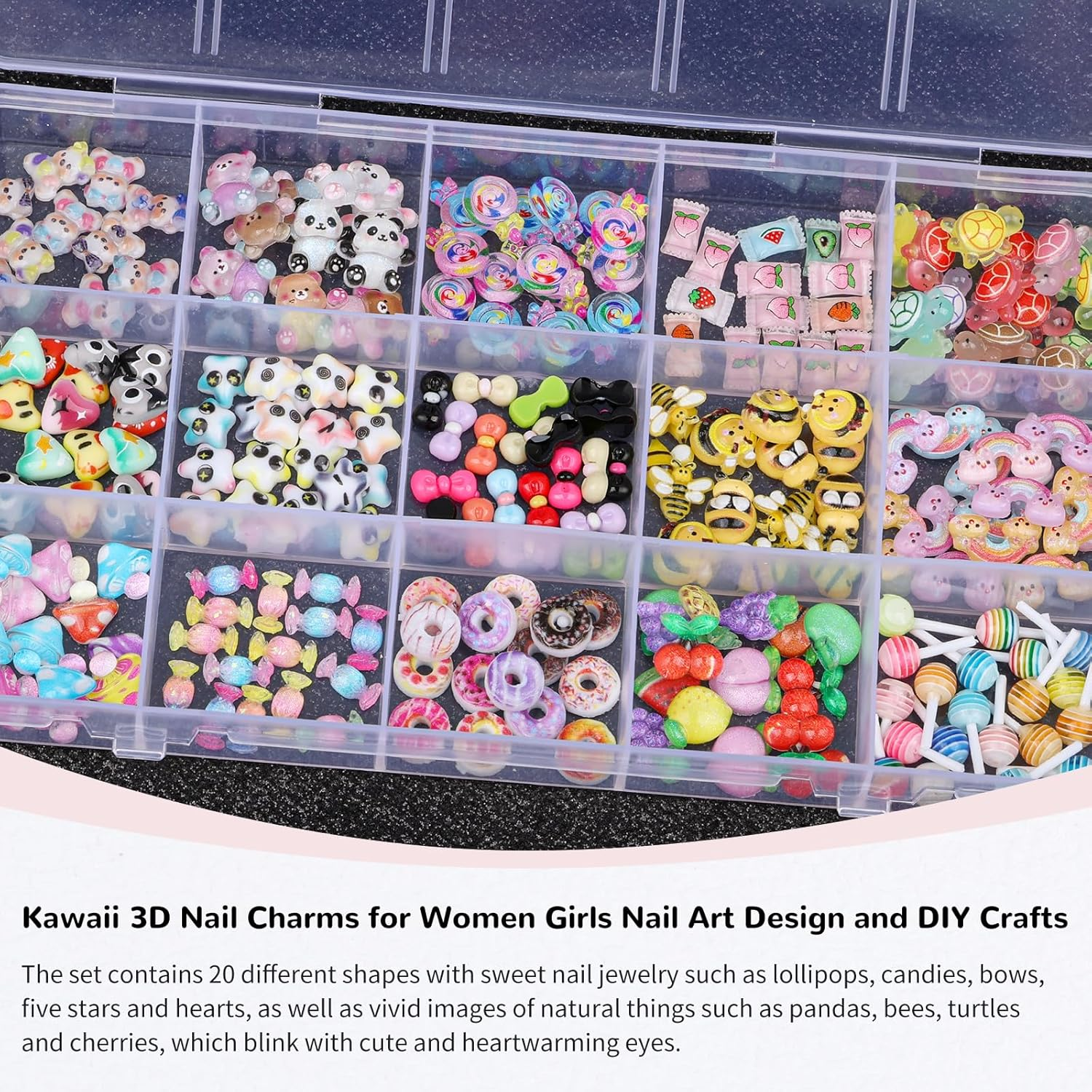 230Pcs Kawaii Nail Charms 3D Heart Candy Bow Charms Cute Turtle Bee Flatback Slime Charms 20 Shapes Assorted Nail Supplies for Women Girls Nail Art Design DIY Crafts image number 2