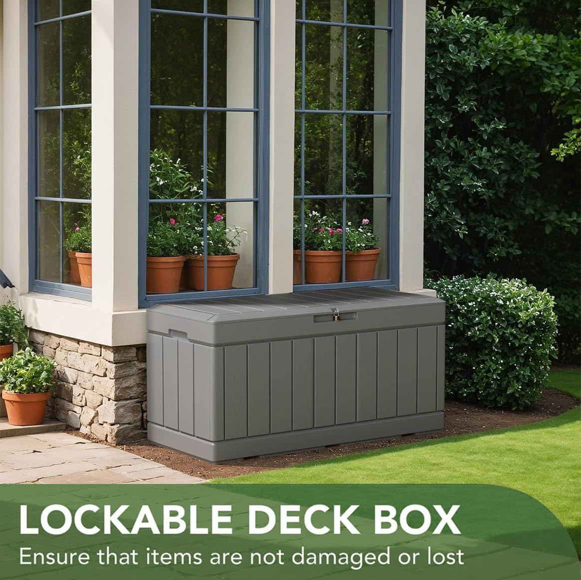 320L Lockable Resin Deck Box Waterproof Outdoor Storage Container for Patio Furniture Cushions & Pillows (Grey) - Grey image number 2