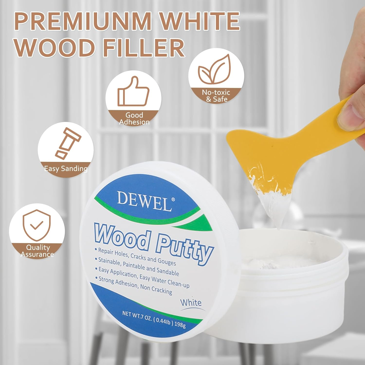DEWEL Wood Putty, White Wood Filler, New Upgrade Putty Filler Paintable, Stainable, Sandable, Furniture Repair Kit Quickly Restore Hole, Floor, Door image number 5