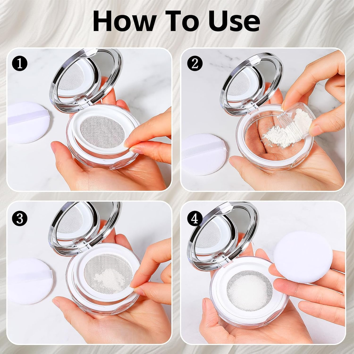 2-Pack Refillable Loose Powder Compact with Puff & Mirror &ndash; Portable Travel Makeup Container with Mesh Sifter, Leak-Proof Empty Case for Blush, Foundation & Setting Powder (Silver, Iridescent Silver) - Pink，Silver image number 7