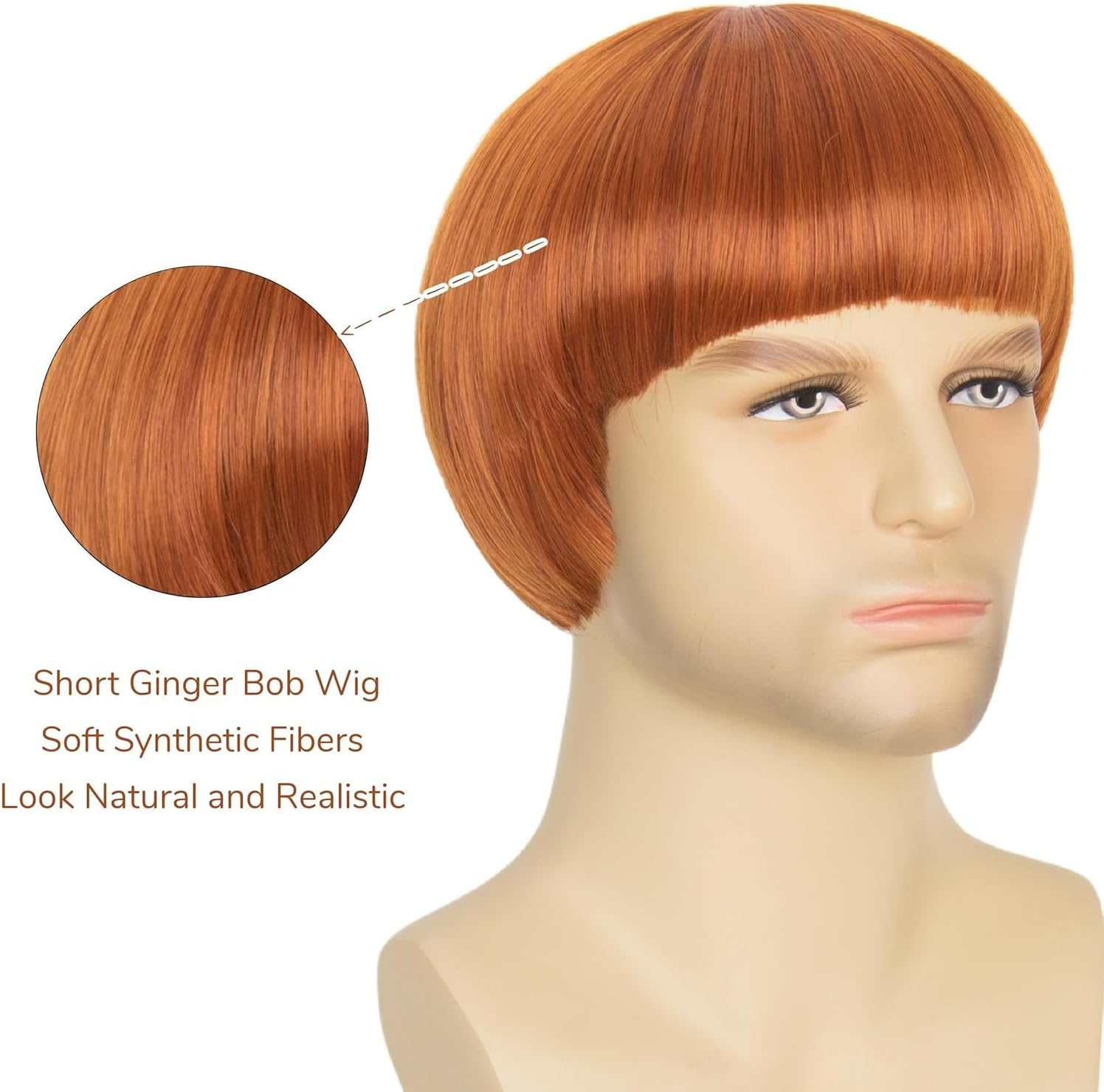 Men'S Retro Bowl Cut Costume Wig, Short Straight Brown Mushroom Bob Style for Cosplay, 60S Theme (Ginger) image number 1