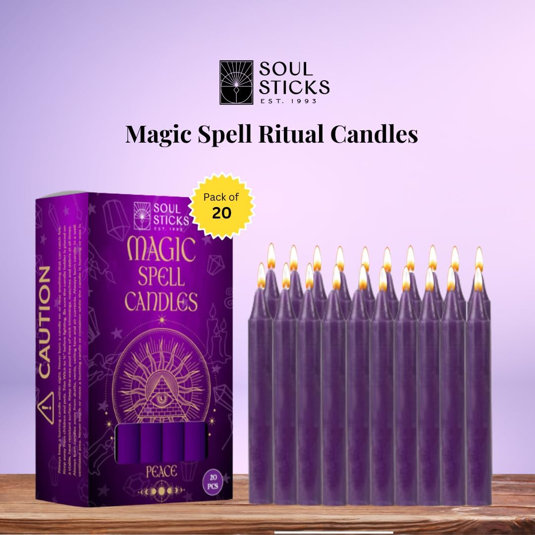 Soul Sticks Peace Magic Spell Chime Taper Candles 20 Pack - Ideal for Altar, Rituals, Ceremonies, Meditation Purple Candle for Witchcraft Supplies, Wiccan, Unscented Candles Clearance image number 1