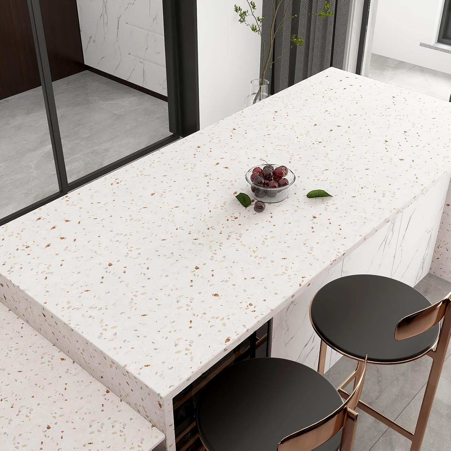 IDEALROOM 40Cmx9M Cream Terrazzo Wallpaper Peel and Stick Faux Marble Textured Contact Paper 3D Sticky Thickened Waterproof Wall Covering Granite Look Sticker Paper Roll for Floor Countertop Kitchen image number 1