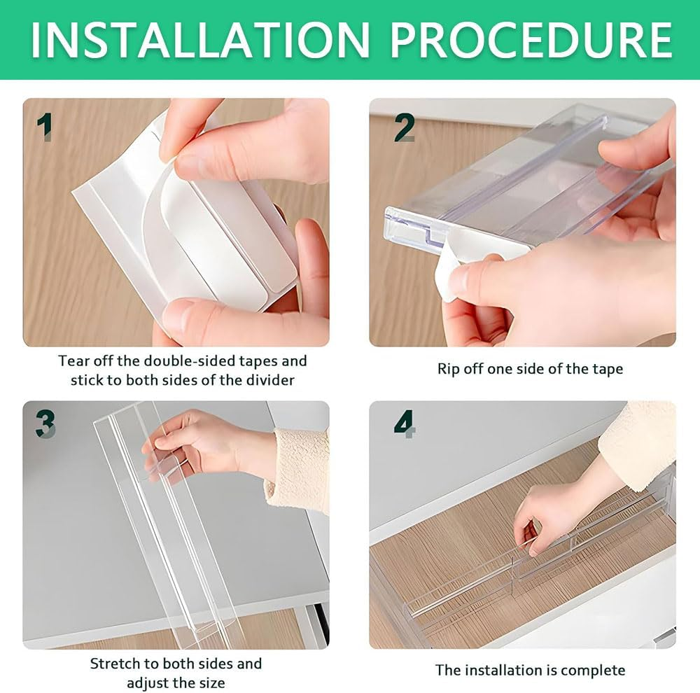 6 Pack Adjustable Clear Plastic Drawer Dividers, Expandable Drawer Organizers with Double-Sided Tape for Kitchen Utensils, Clothing, Wardrobe, Office Storage image number 6