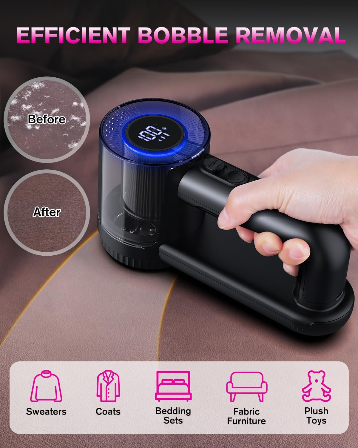 Electric Lint Shavers, [2000Mah Battery] [6-Leaf Blade] Homtronics Rechargeable Lint Remover with 3-Speed, LED Display, Dual Protection, Fabric Shaver Perfect for Clothes, Sweater, Couch (Black)