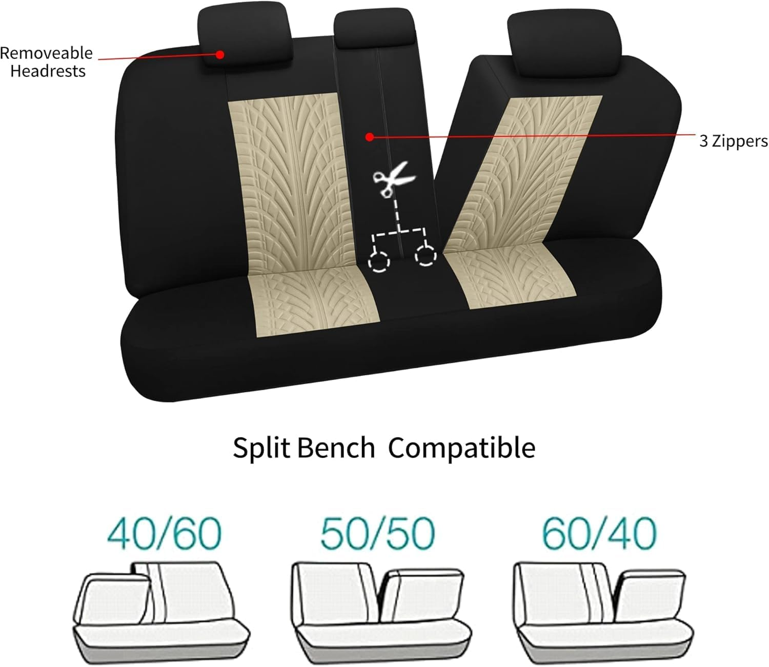 Car Seat Covers Full Set, Front Seat Covers and Split Rear Bench Seat Covers for Car, Universal Cloth Seat Covers for SUV, Sedan, Van, Interior Covers, Airbag Compatible, Black&Beige image number 1
